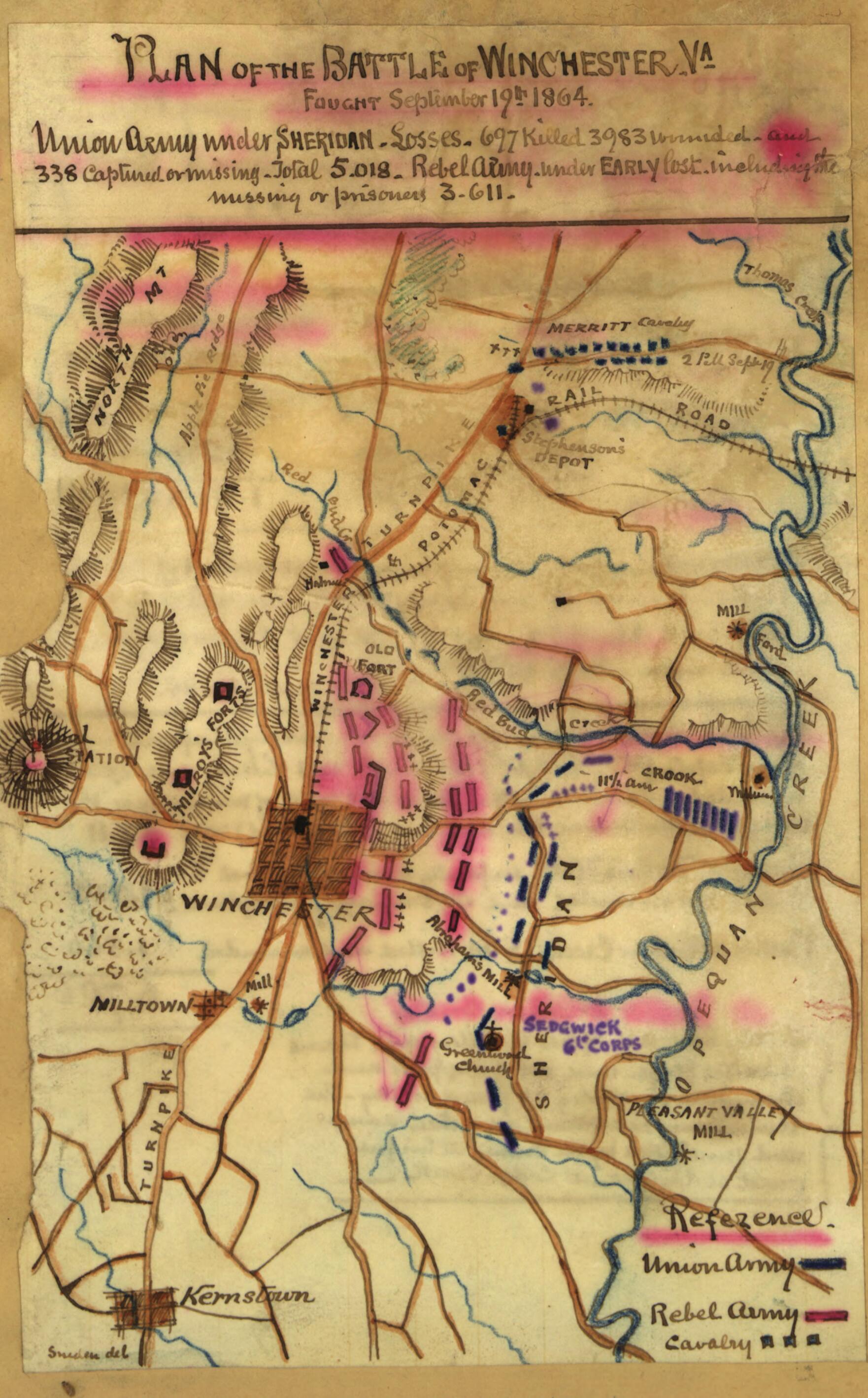 This old map of Plan of the Battle of Winchester, Va. Fought September 19th, 1864 from 09-19 was created by Robert Knox Sneden in 09-19