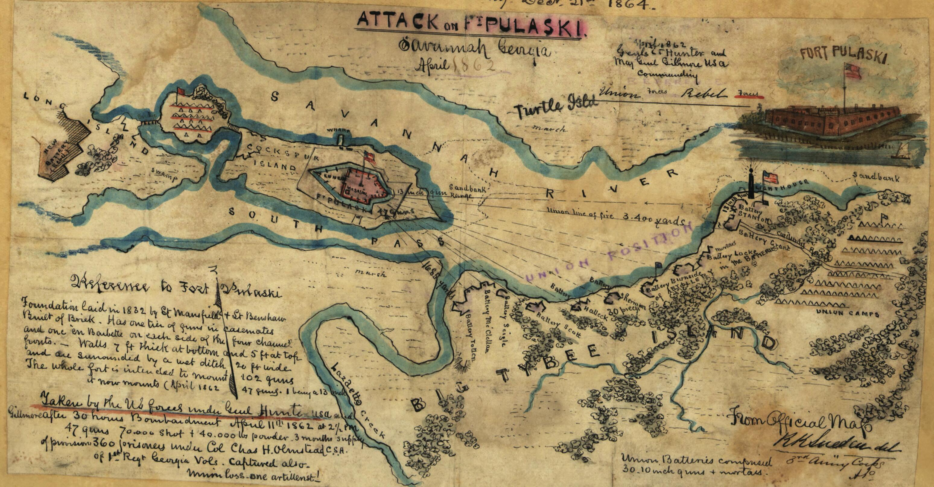 This old map of The Rebel Defences sic of Savannah, Georgia, 1864 from 1862 was created by Robert Knox Sneden in 1862