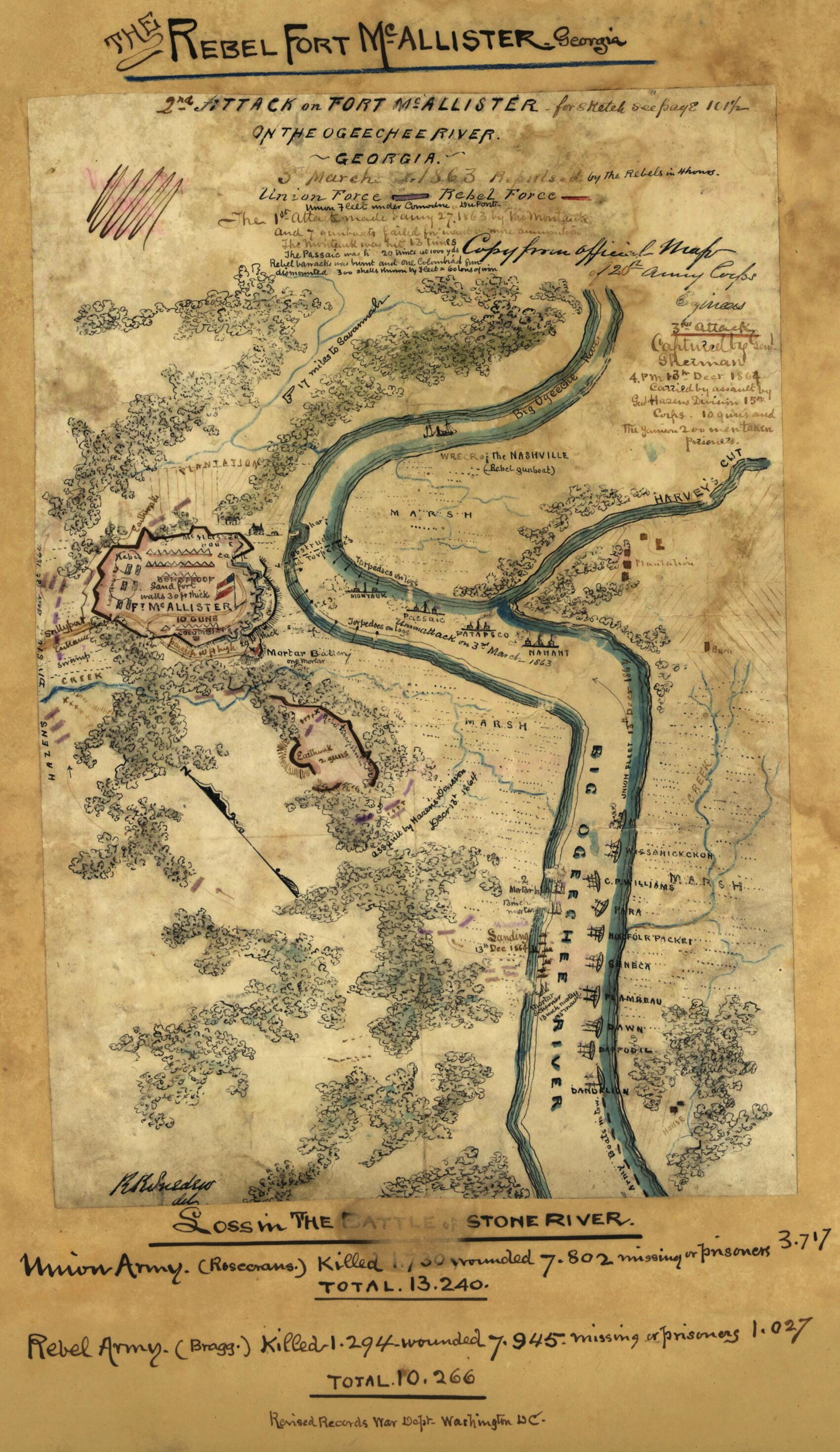 This old map of 2nd Attack On Fort McAllister On the Ogeechee River, Georgia (Second Attack On Fort McAllister On the Ogeechee River, Georgia) from 03-03 was created by Robert Knox Sneden in 03-03