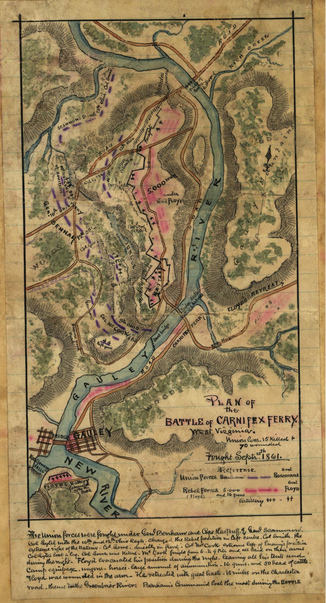 This old map of Plan of the Battle of Carnifex Ferry, West Virginia from 09-25 was created by Robert Knox Sneden in 09-25