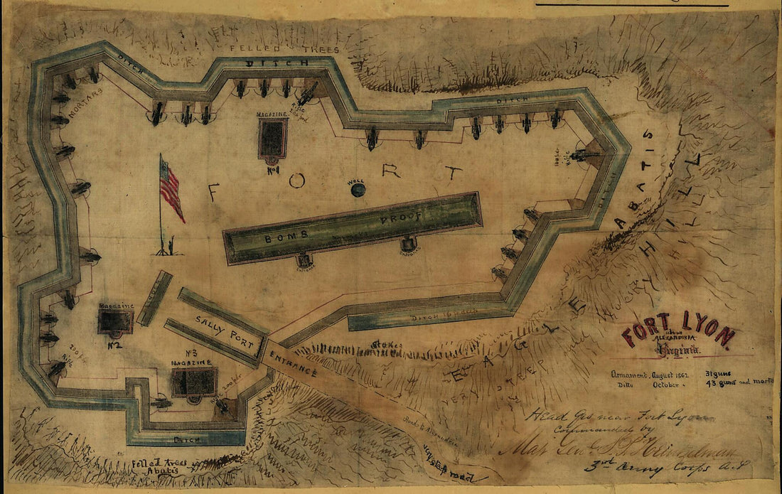 This old map of Fort Lyon, Near Alexandria, Virginia from 1861 was created by Robert Knox Sneden in 1861