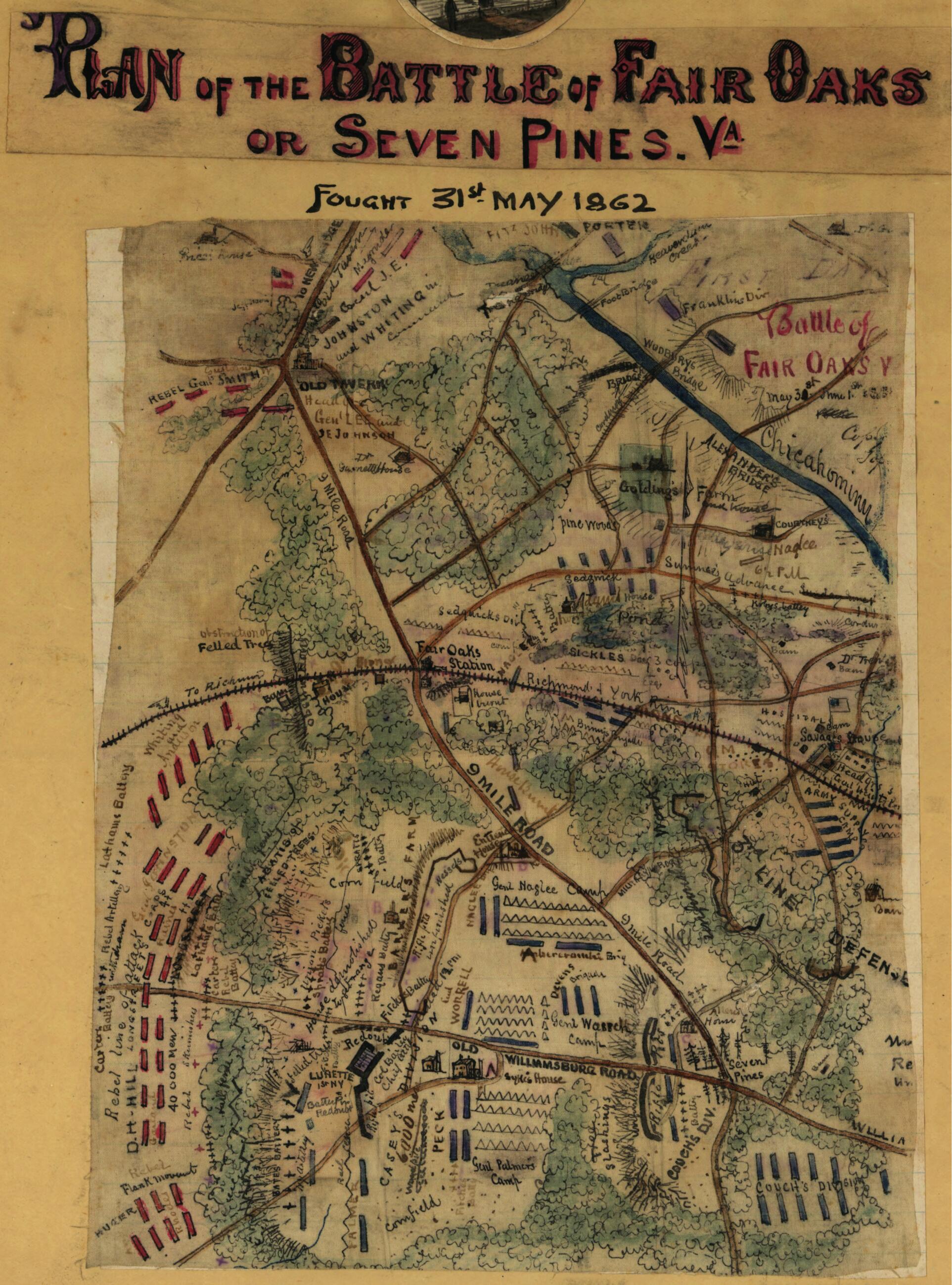 This old map of Plan of the Battle of Fair Oaks Or Seven Pines, Va. Fought 31st May 1862 from 1861 was created by Robert Knox Sneden in 1861