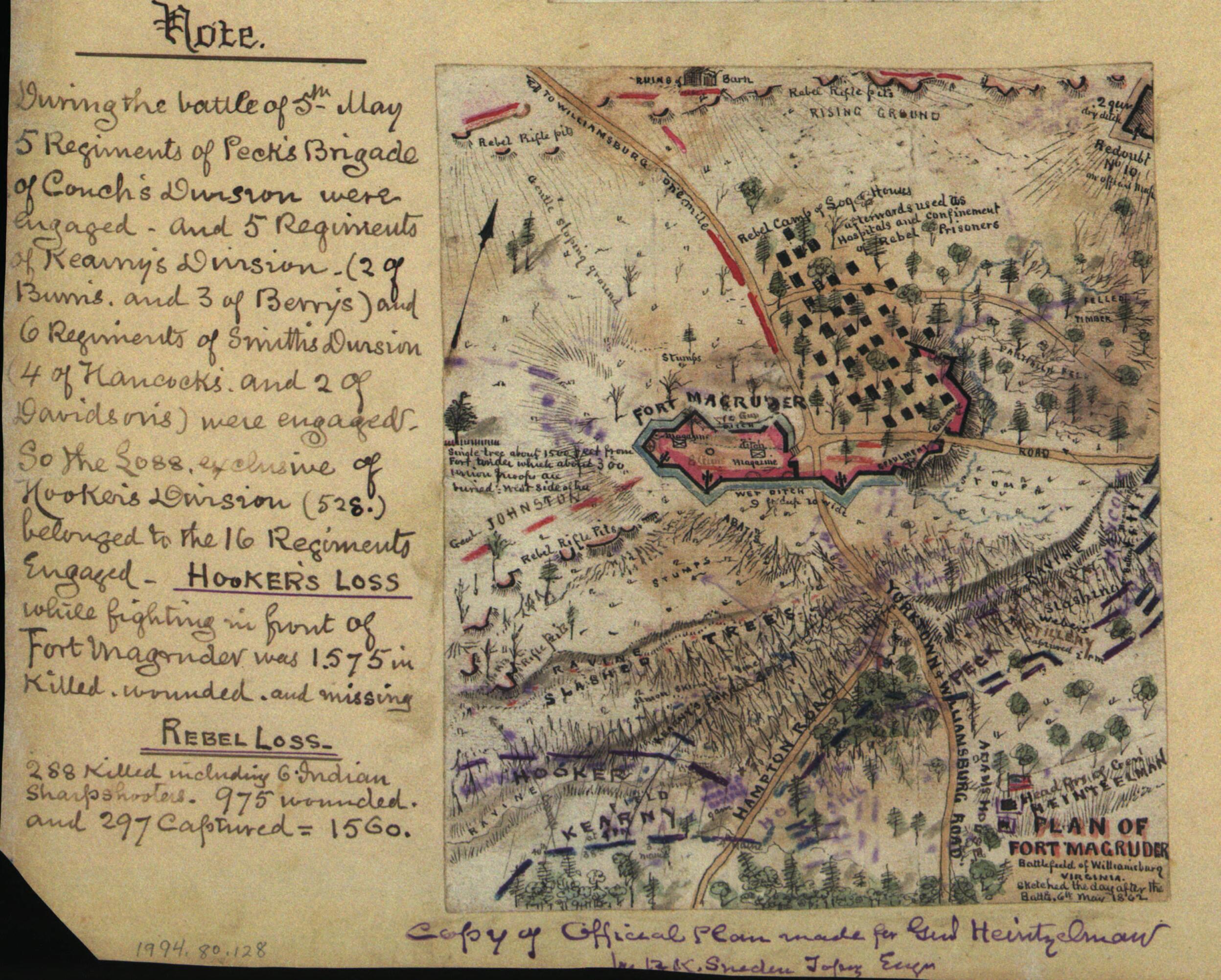 This old map of Plan of Fort Magruder, Battlefield of Williamsburg, Virginia. Sketched the Day After the Battle 6th May 1862 from 05-06 was created by Robert Knox Sneden in 05-06