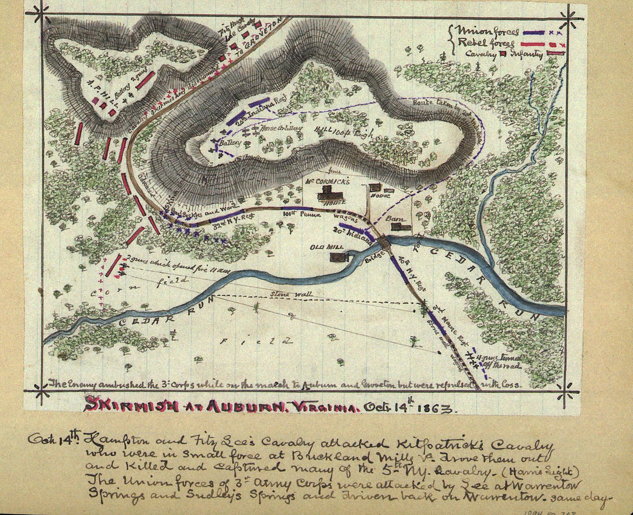 This old map of Skirmish at Auburn, Virginia, Octr. 14th 1863 from 10-14 was created by Robert Knox Sneden in 10-14