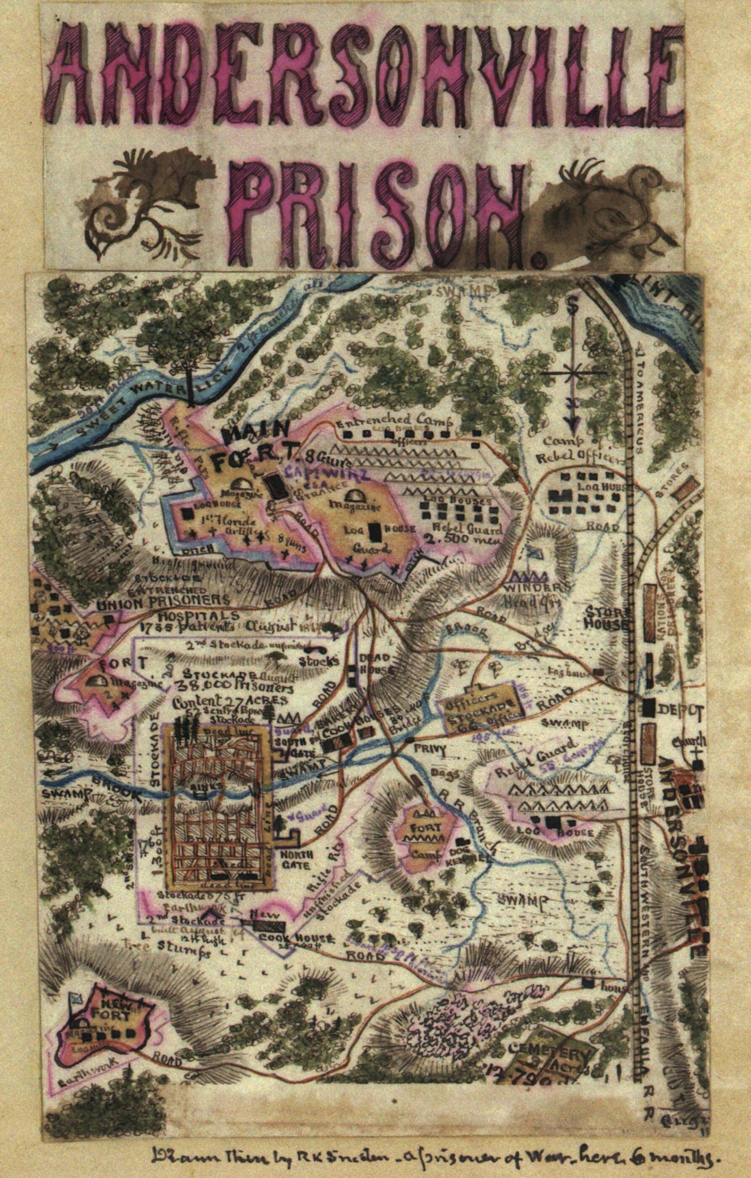 This old map of Andersonville Prison from 1861 was created by Robert Knox Sneden in 1861