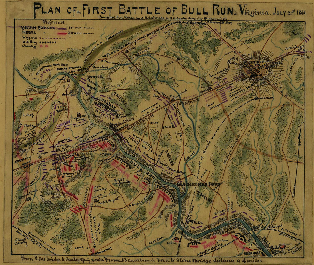 This old map of Plan of the First Battle of Bull Run, Virginia. July 21st 1861 from 07-21 was created by Robert Knox Sneden in 07-21