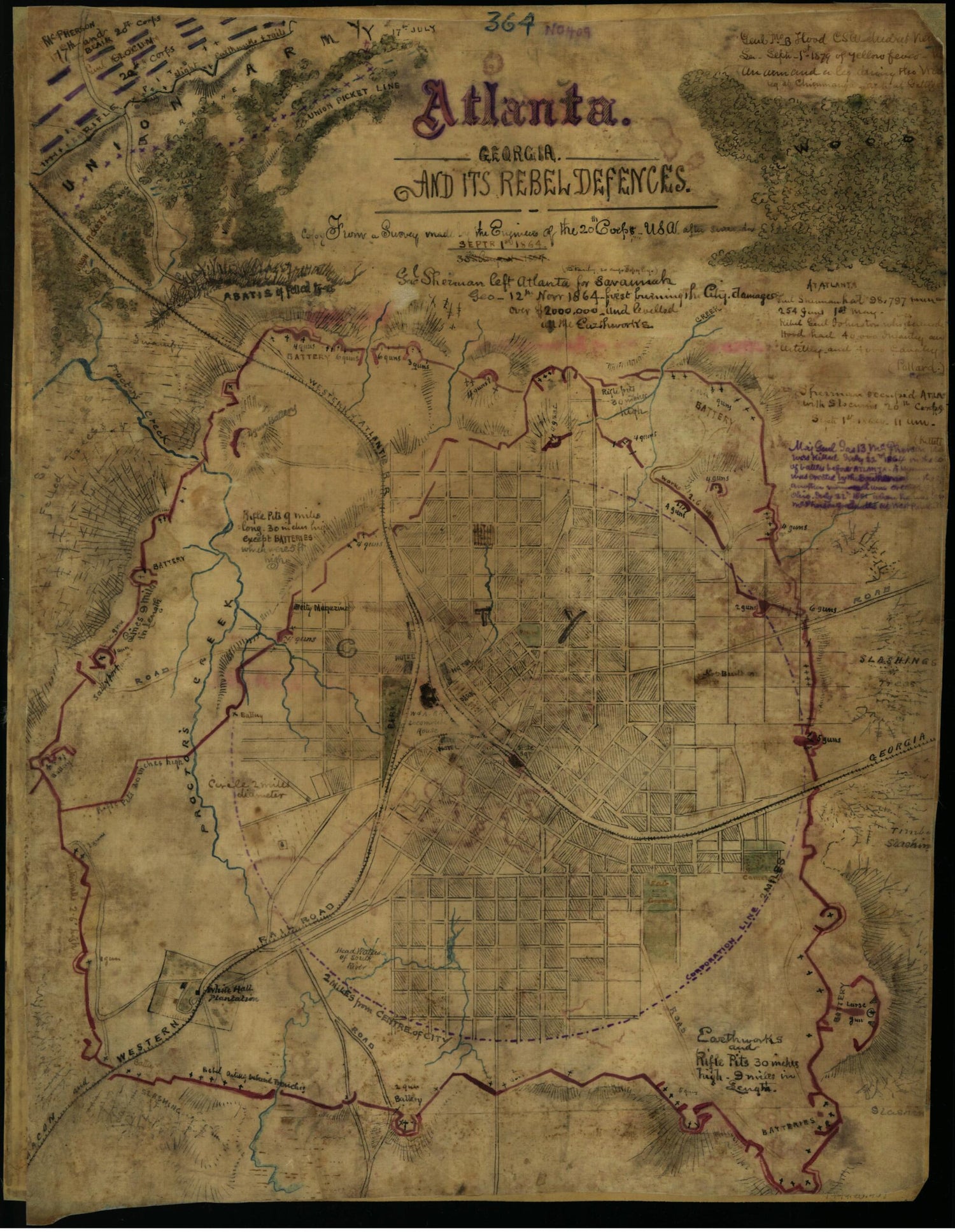 This old map of Atlanta, Georgia and Its Rebel Defences sic from 09-01 was created by Robert Knox Sneden in 09-01