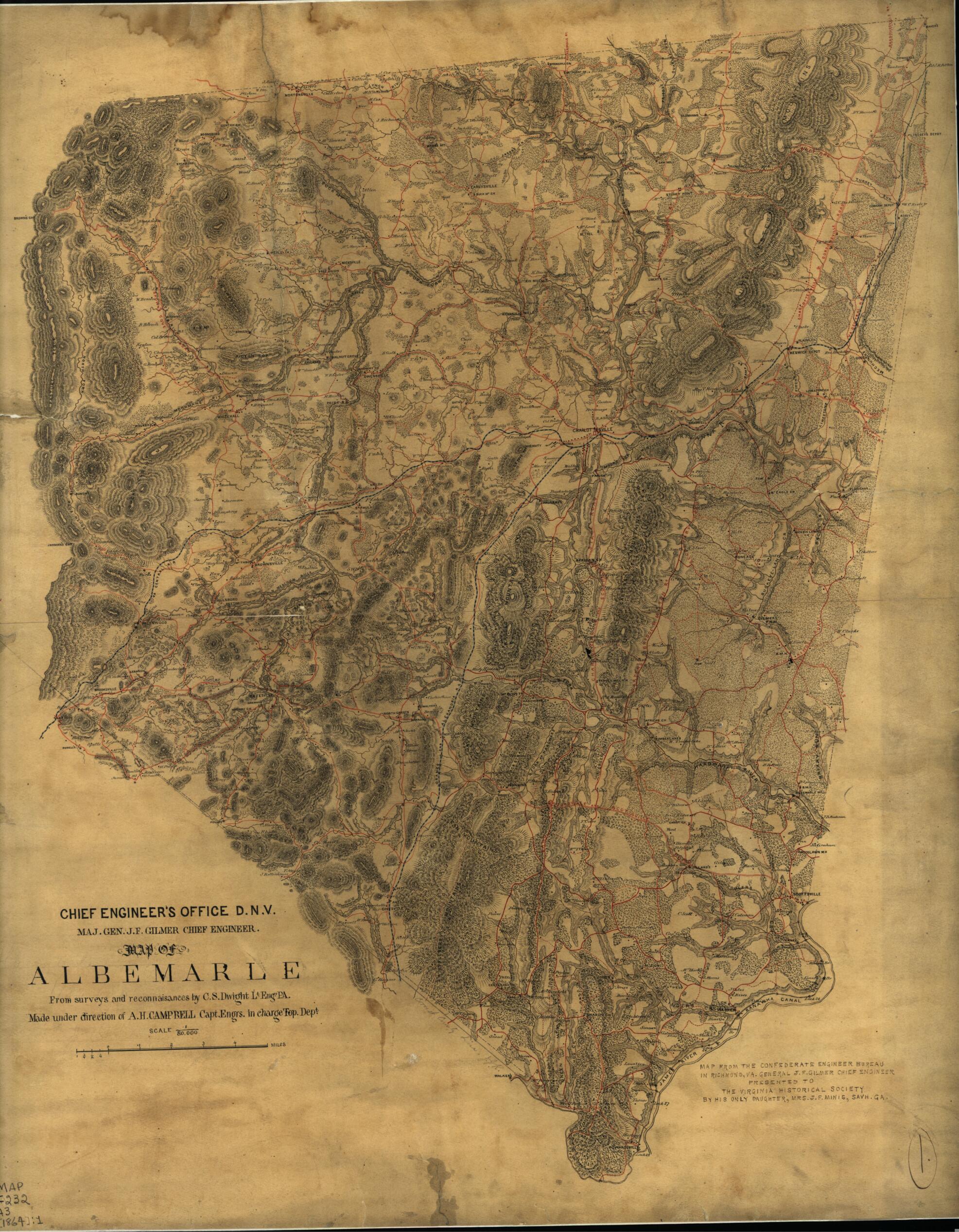 This old map of Map of Albemarle : Made Under the Direction of Maj. A.H. Campbell Capt. Engs. In Charge of Top. Dept. D.N.V. from Surveys and Reconnaissances from 1864 was created by Albert H. (Albert Henry) Campbell,  Confederate States of America. Army