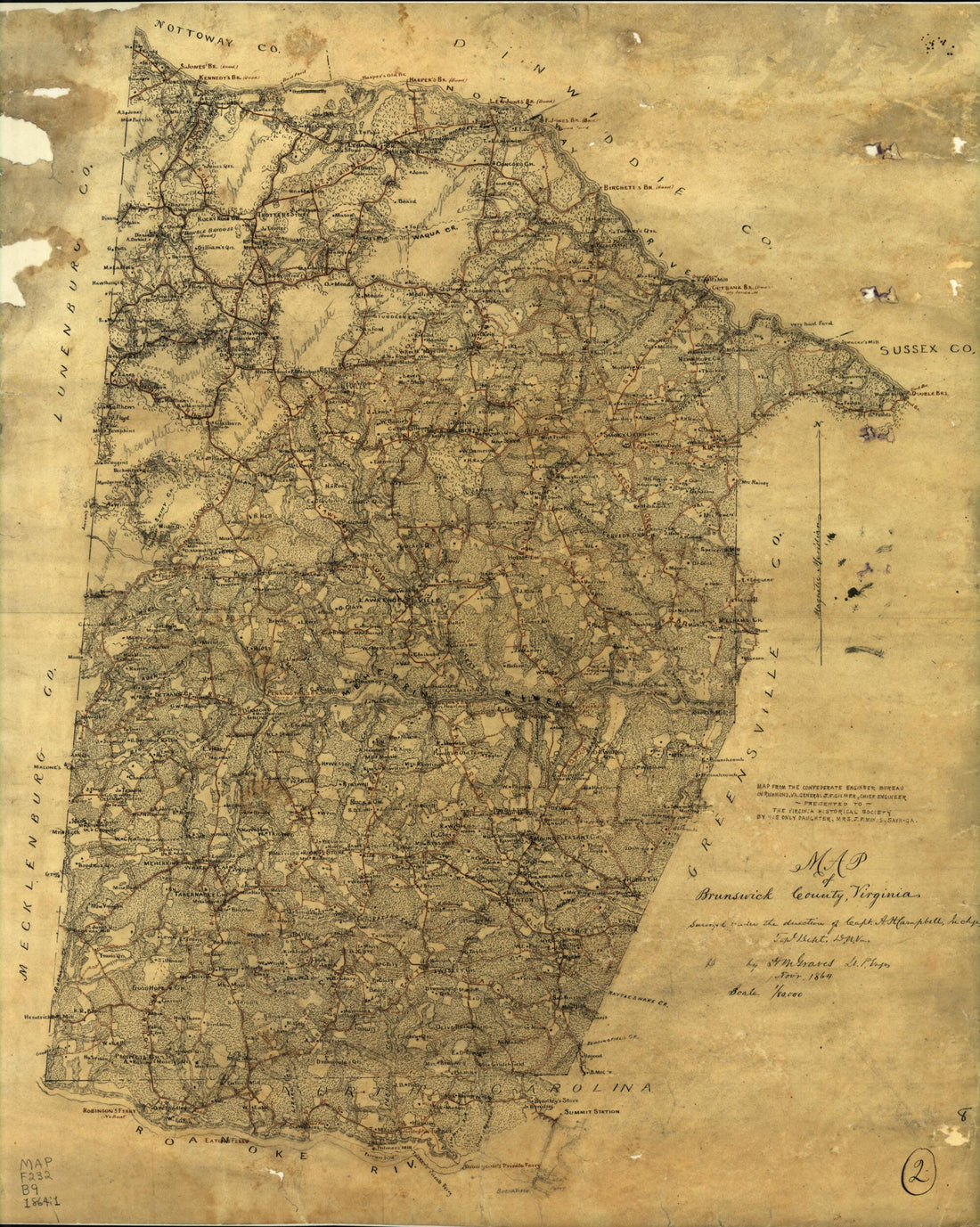 This old map of Map of Brunswick County, Virginia : Surveyed Top. Dept. Under the Direction of Capt. A.H. Campbell, In Charge D.N.V from 1864 was created by Albert H. (Albert Henry) Campbell,  Confederate States of America. Army. Dept. Of Northern Virgin