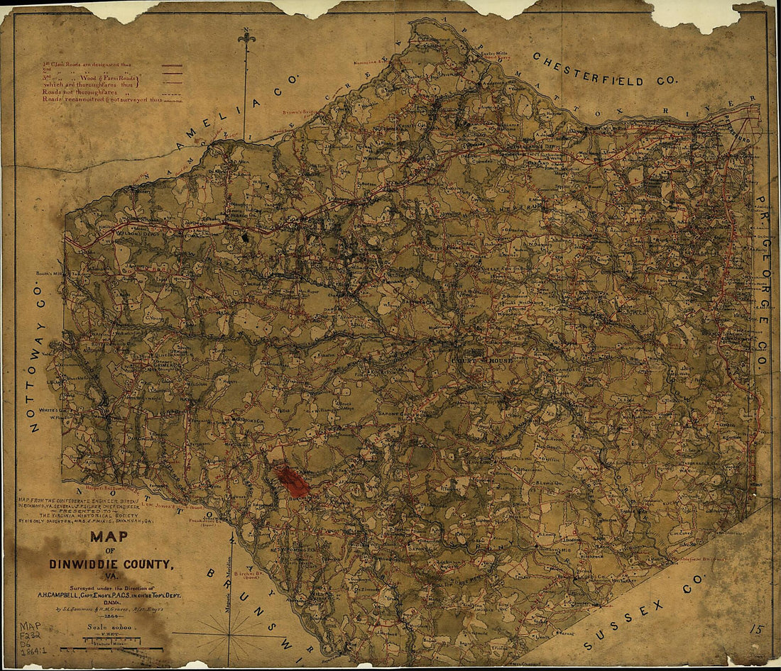 This old map of Map of Dinwiddie County, Va. : Surveyed Under the Direction of A.H. Campbell, Capt. Engrs. P.A.C.S. In Ch&