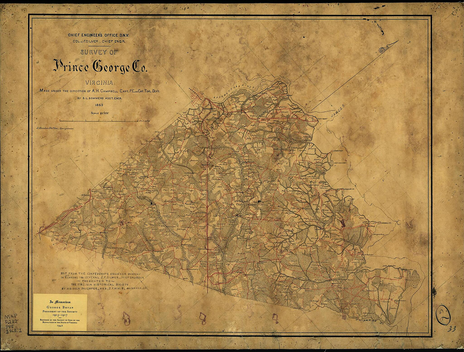 This old map of Survey of Prince George County Virginia. (Survey of Prince George County, Virginia.) from 1863 was created by Albert H. (Albert Henry) Campbell,  Confederate States of America. Army. Dept. Of Northern Virginia. Chief Engineer&