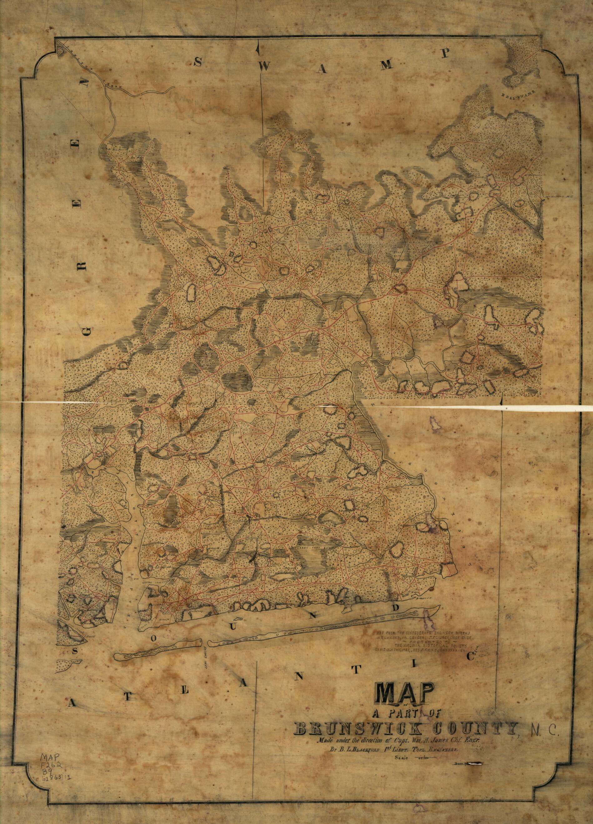 This old map of Map of a Part of Brunswick County, N.C from 1863 was created by B. L. (Benjamin Lewis) Blackford,  Confederate States of America. Army. Dept. Of Northern Virginia. Chief Engineer&