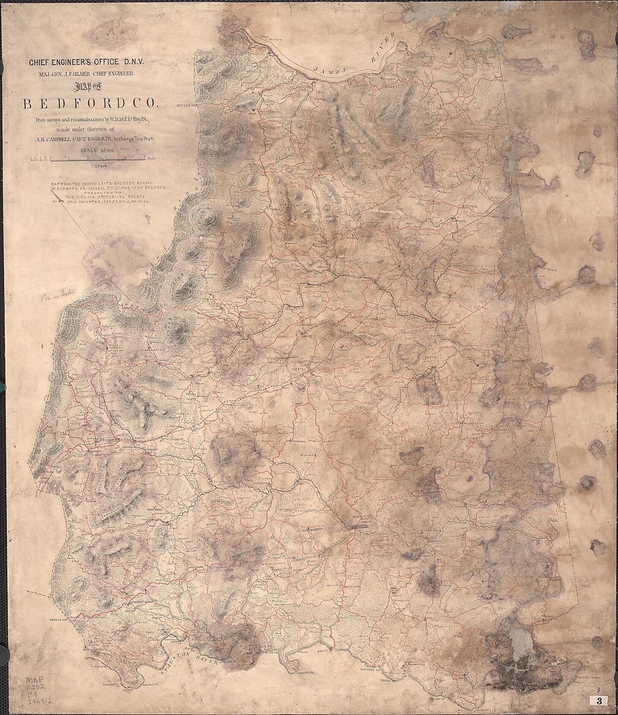 This old map of Map of Bedford Co from 1864 was created by Albert H. (Albert Henry) Campbell,  Confederate States of America. Army. Dept. Of Northern Virginia. Chief Engineer&