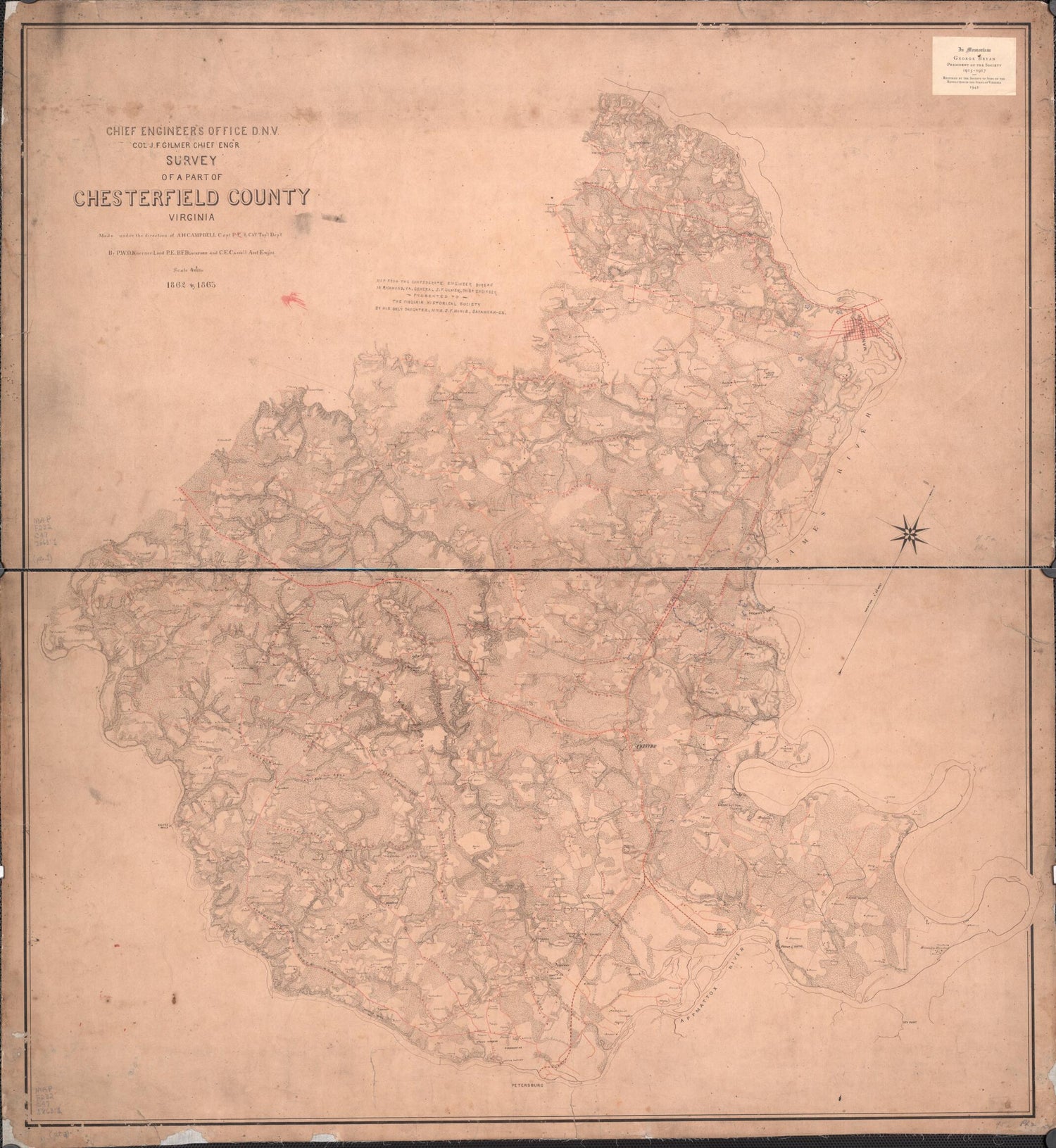This old map of Survey of a Part of Chesterfield County, Virginia from 1863 was created by B. L. (Benjamin Lewis) Blackford, Albert H. (Albert Henry) Campbell,  Confederate States of America. Army. Dept. Of Northern Virginia. Chief Engineer&