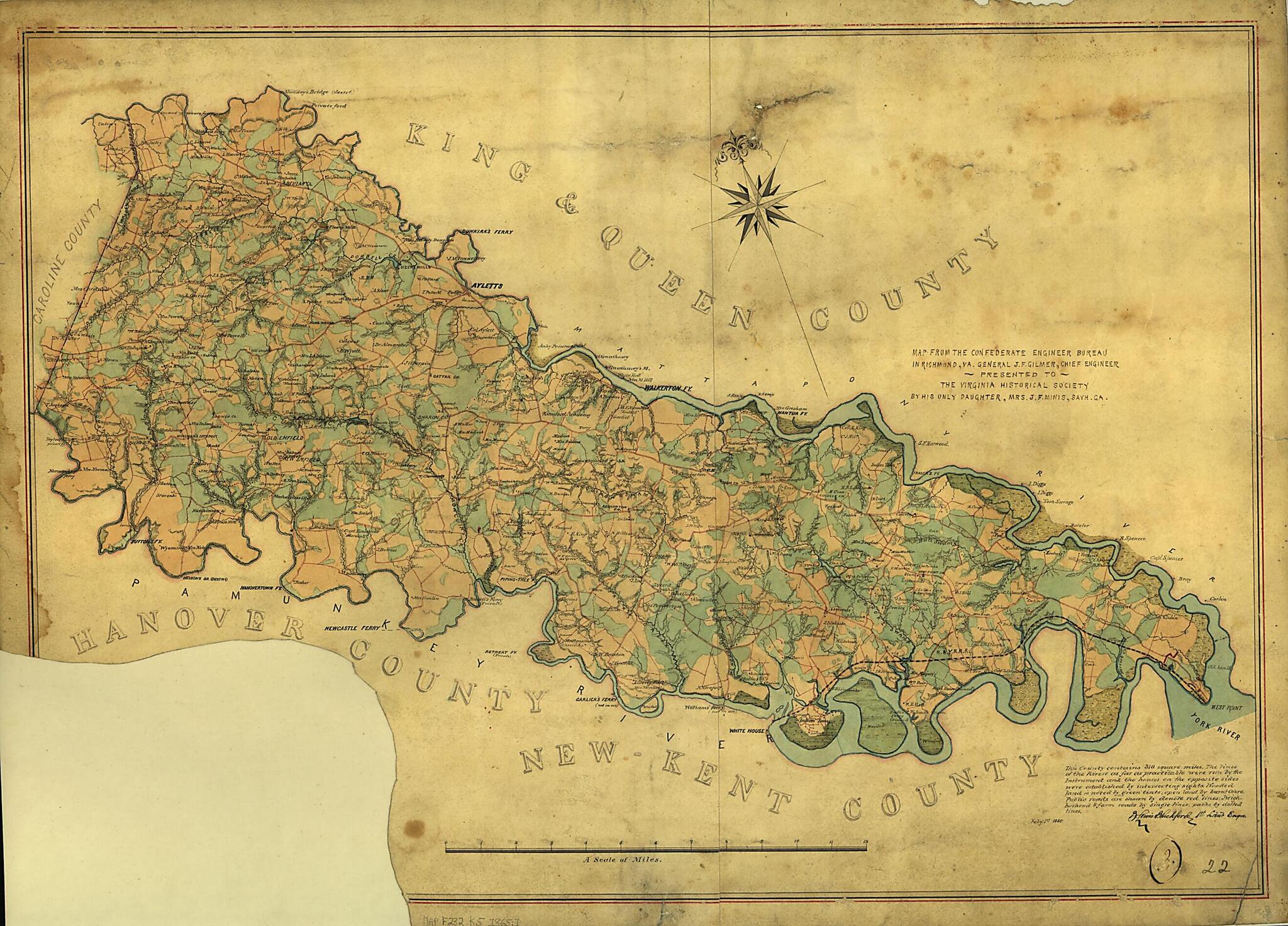 This old map of Map of King William County, Va. from 1865 was created by B. L. (Benjamin Lewis) Blackford,  Confederate States of America. Army. Dept. Of Northern Virginia. Chief Engineer&