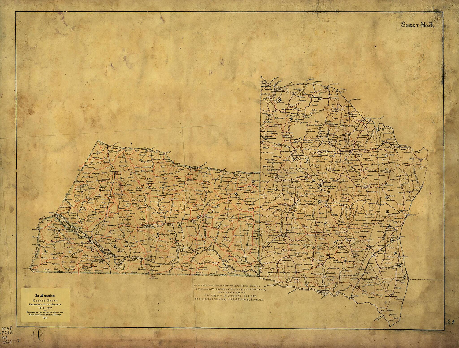 This old map of Map of Mecklensburg, Brunswick and Greensville Counties, Va. : Sheet No. 3 from 1864 was created by  Confederate States of America. Army. Dept. Of Northern Virginia. Chief Engineer&