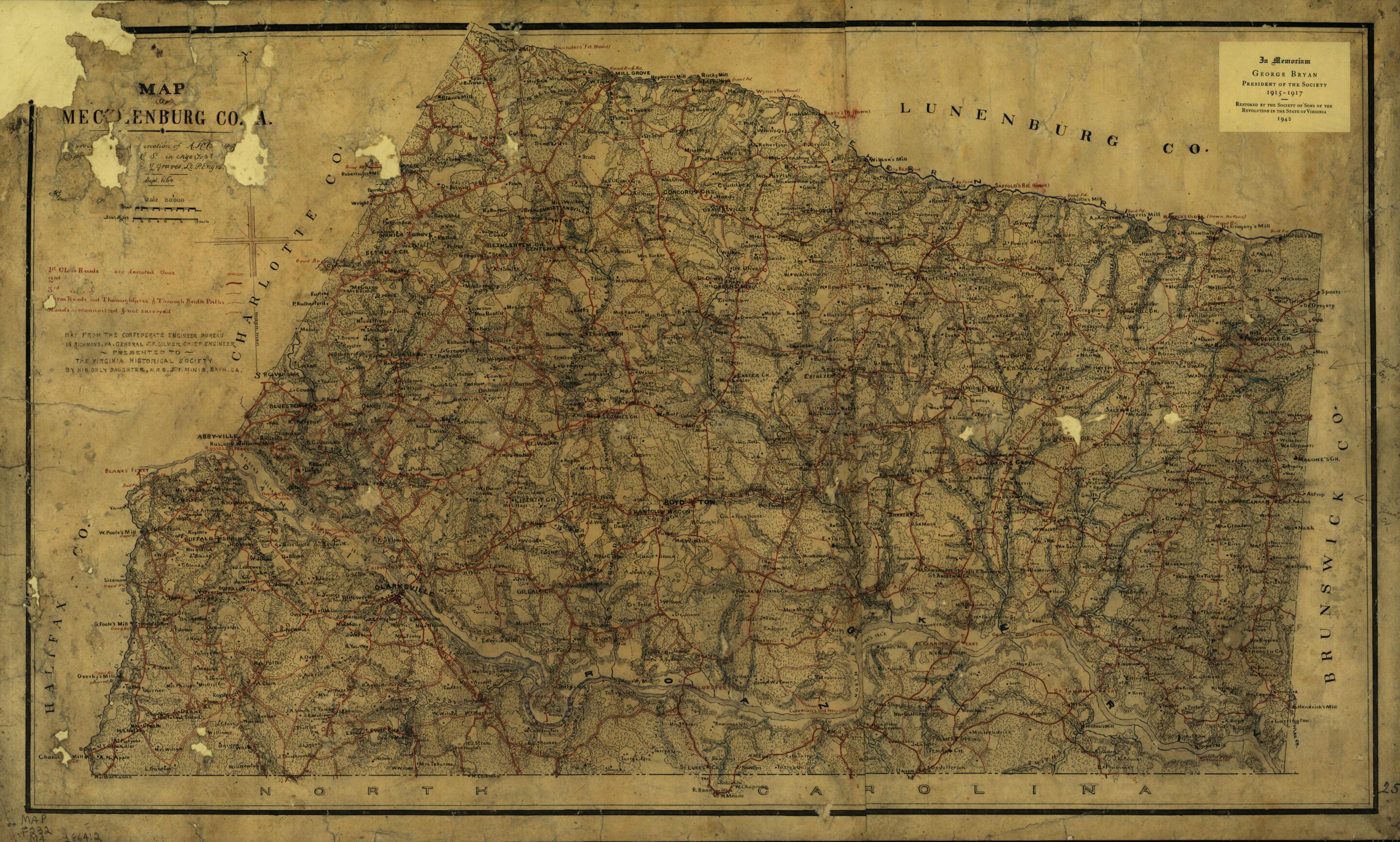 This old map of Map of Mecklenburg Co., Va. (Mecklenburg County, Va.) from 1864 was created by Albert H. (Albert Henry) Campbell,  Confederate States of America. Army. Dept. Of Northern Virginia. Chief Engineer&