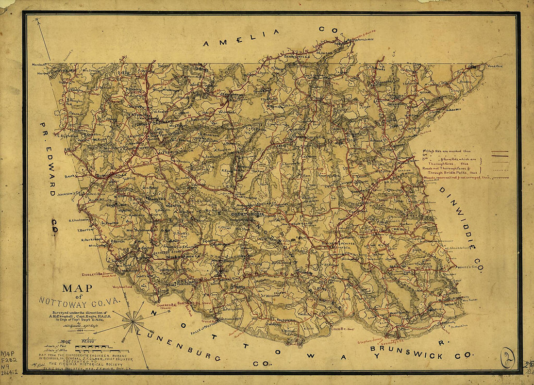 This old map of Map of Nottoway County, Va. (Map of Nottoway County, Va.) from 1864 was created by Albert H. (Albert Henry) Campbell,  Confederate States of America. Army. Dept. Of Northern Virginia. Chief Engineer&