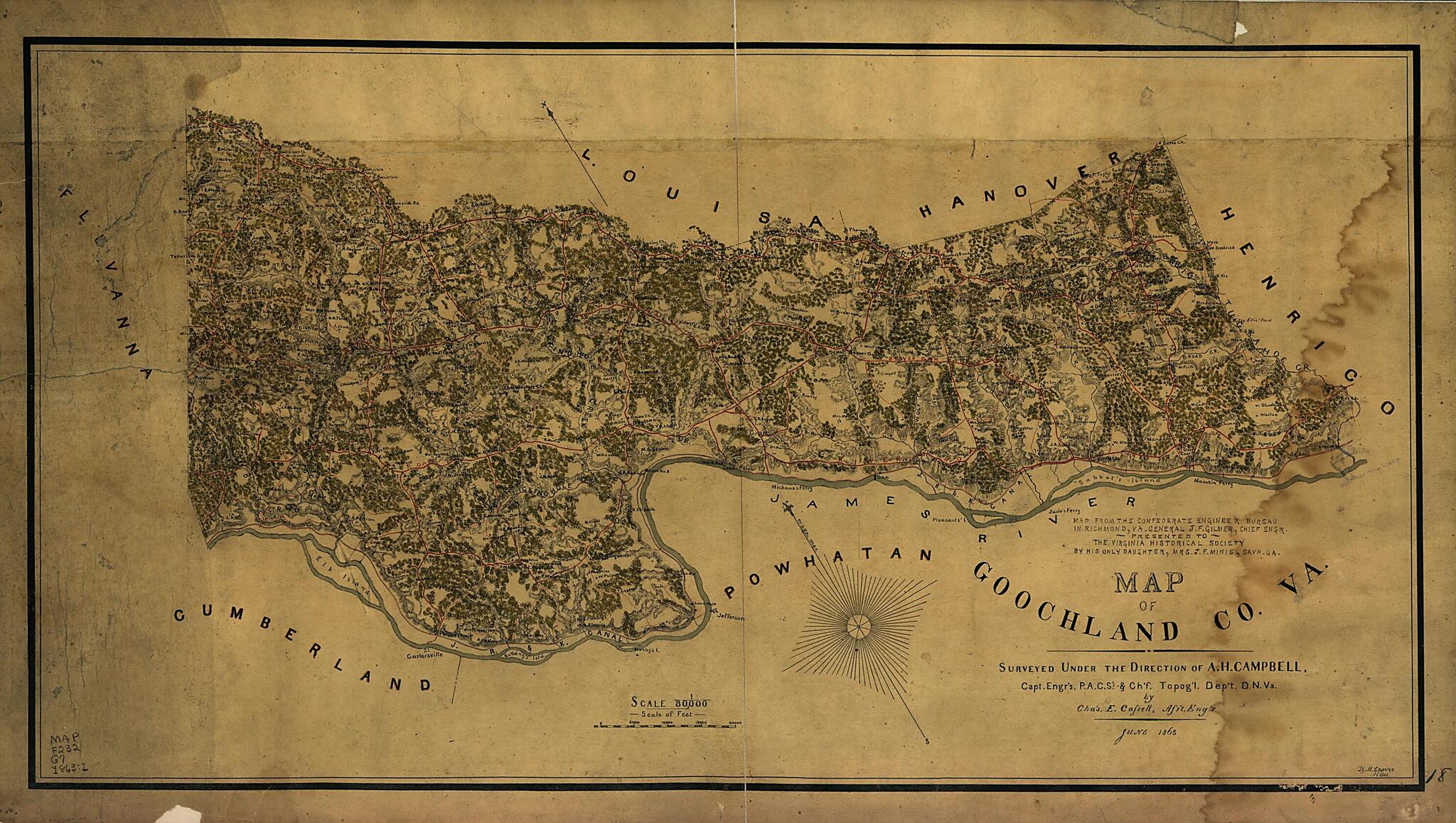 This old map of Map of Goochland County, Va. (Map of Goochland County, Va.) from 1863 was created by Albert H. (Albert Henry) Campbell, Charles E. Cassell,  Confederate States of America. Army. Dept. Of Northern Virginia. Chief Engineer&