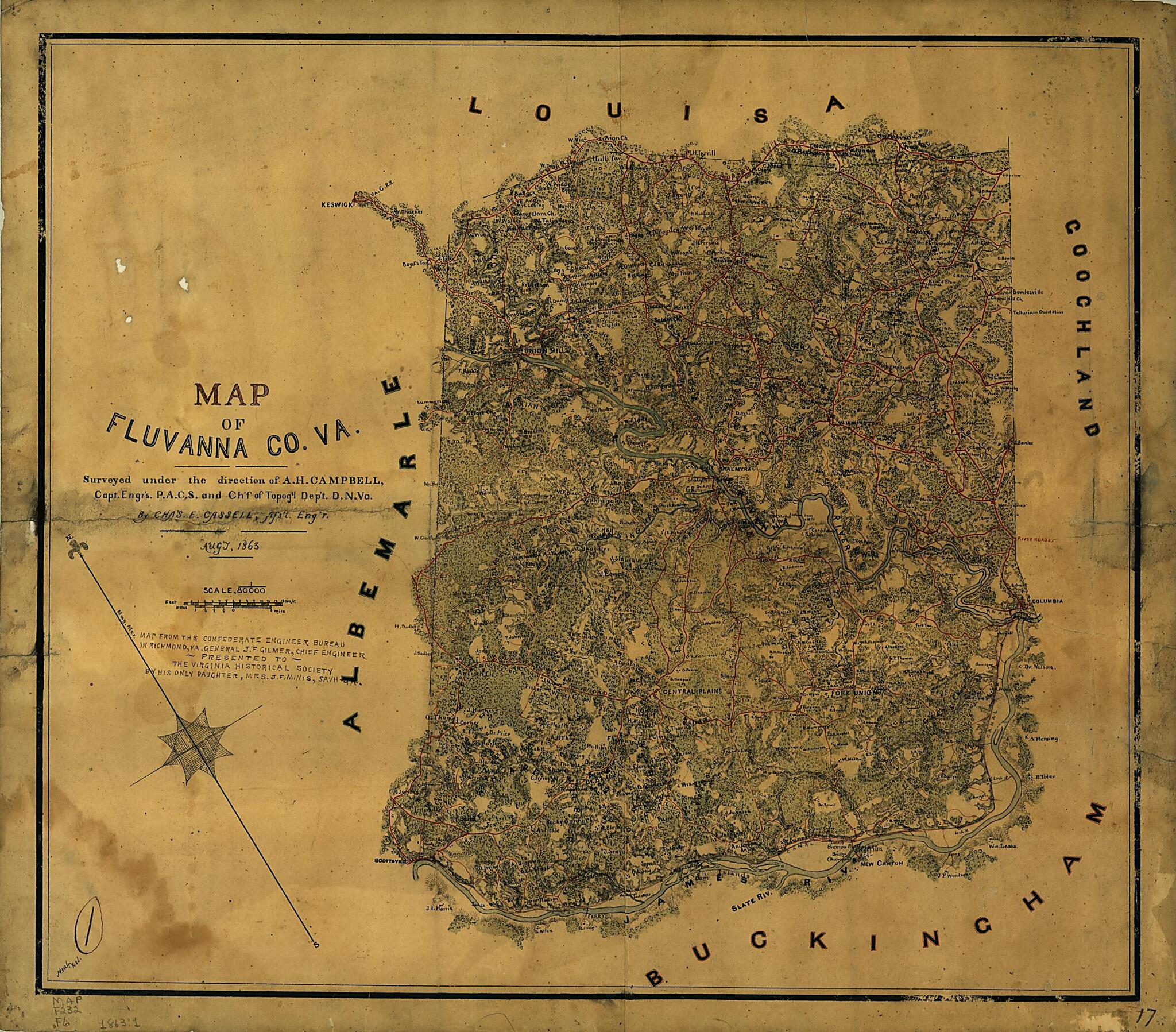 This old map of Map of Fluvanna County Va. (Map of Fluvanna County, Virginia) from 1863 was created by Albert H. (Albert Henry) Campbell, Charles E. Cassell,  Confederate States of America. Army. Dept. Of Northern Virginia. Chief Engineer&