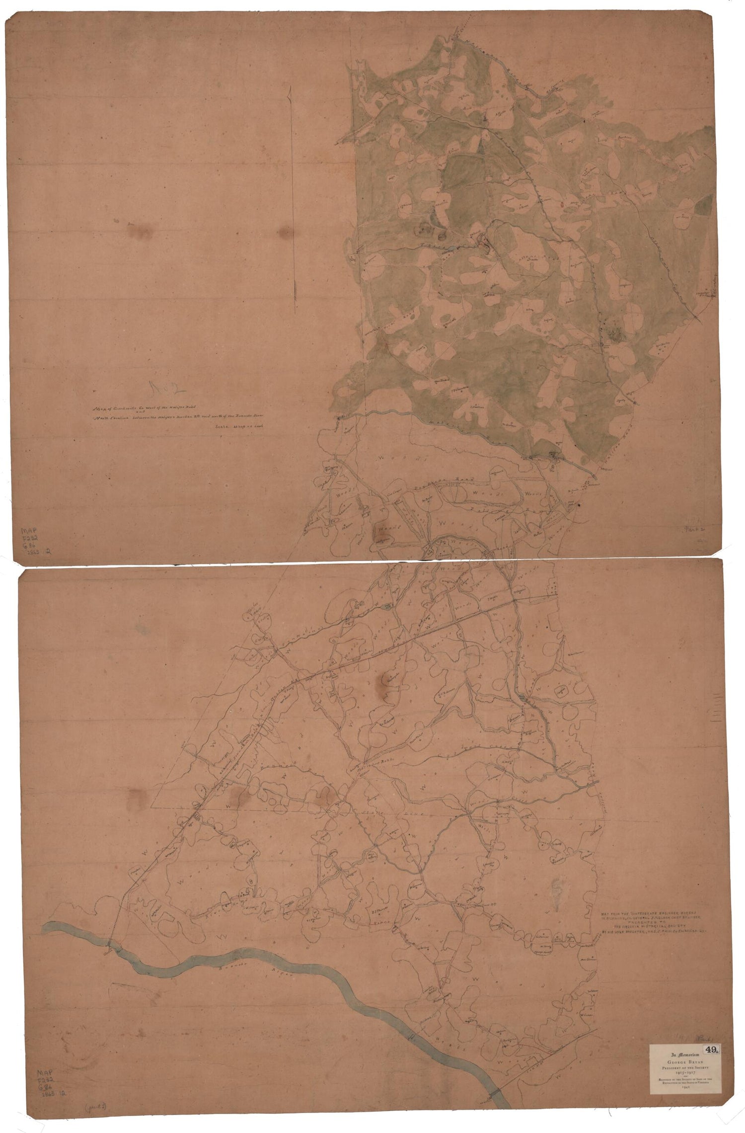 This old map of Map of Greensville Co., West of Halifax Road and North Carolina Between the Halifax &amp; Jourdan Rds and North of the Roanoke River from 1863 was created by  Confederate States of America. Army. Dept. Of Northern Virginia. Chief Engineer&