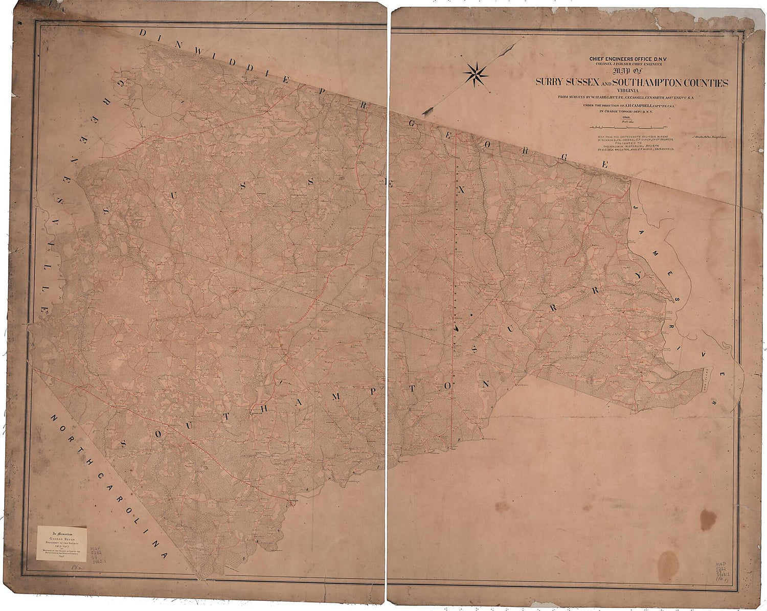 This old map of Map of Surry, Sussex and Southampton Counties, Virginia from 1863 was created by Albert H. (Albert Henry) Campbell, Charles E. Cassell,  Confederate States of America. Army. Dept. Of Northern Virginia. Chief Engineer&