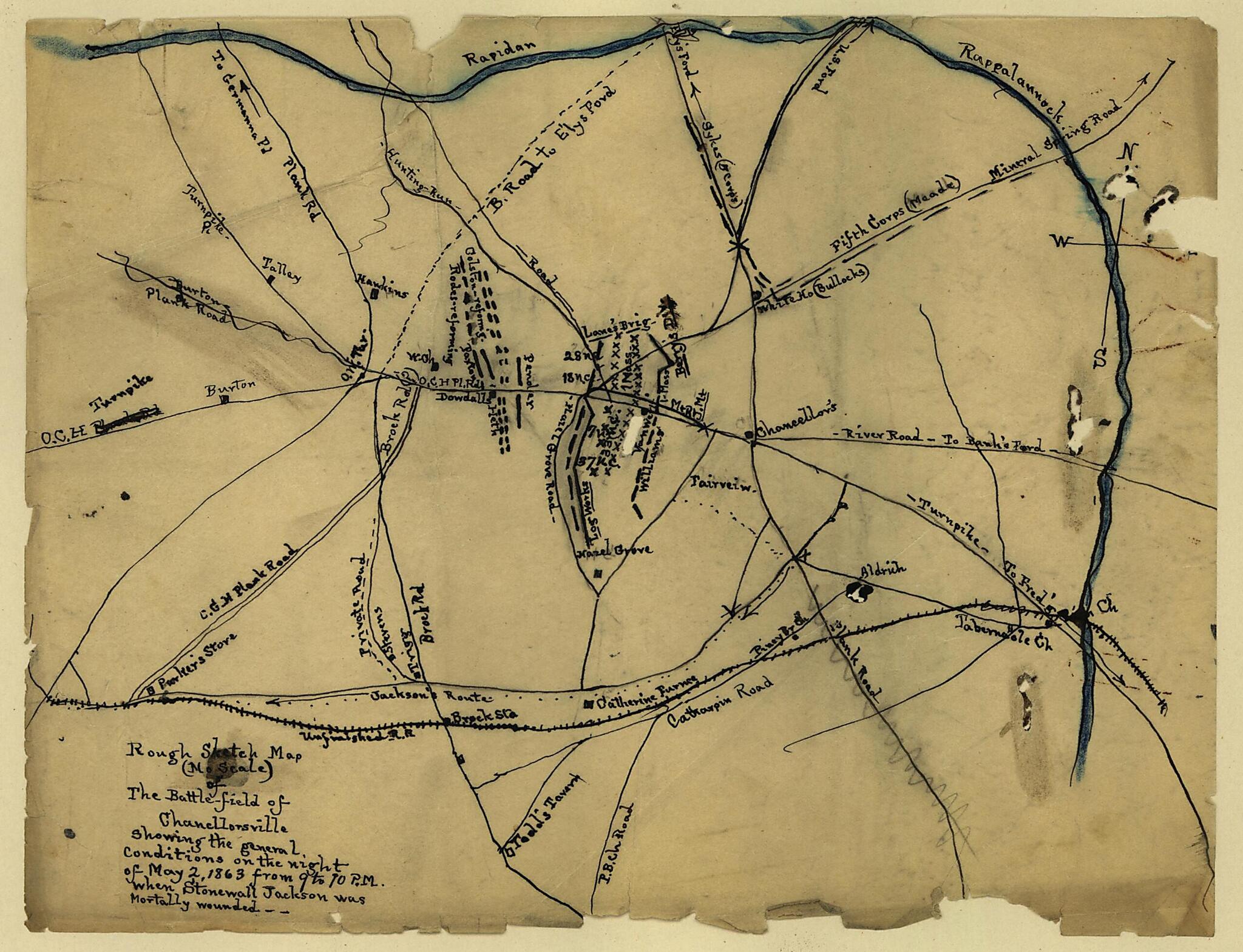 This old map of The Battlefield of Chancellorsville from 05-02 was created by Robert Goldthwaite Carter in 05-02