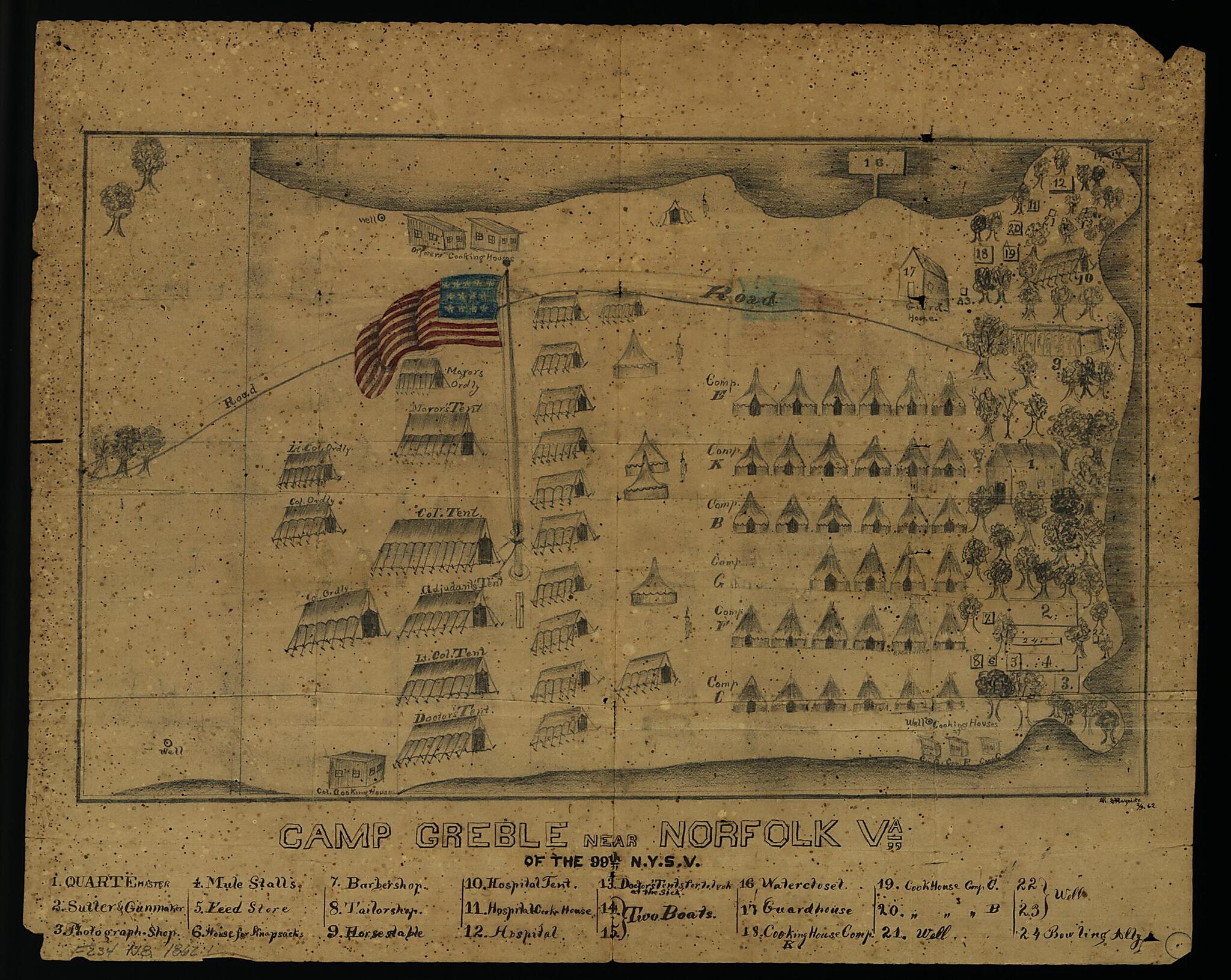 This old map of Camp Greble Near Norfolk, Va. of the 99th N.Y.S.V. September 2, from 1862 was created by Frank Maynicke in 1862