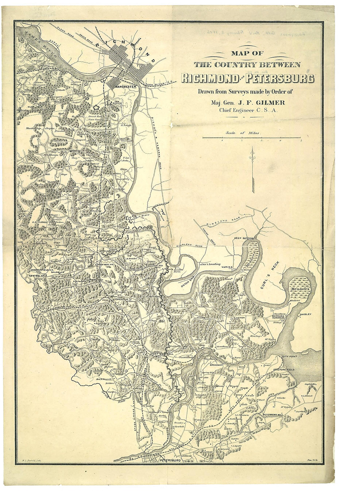 This old map of Map of the Country Between Richmond and Petersburg from 1864 was created by Jeremy Francis Gilmer, Henry L. Penfield in 1864