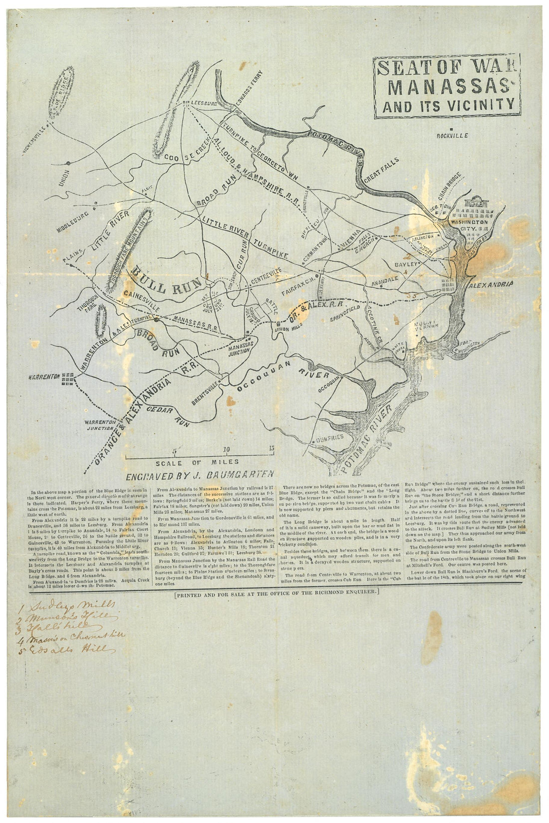 This old map of Seat of War, Manassas and Its Vicinity from 1861 was created by J. Baumgarten in 1861