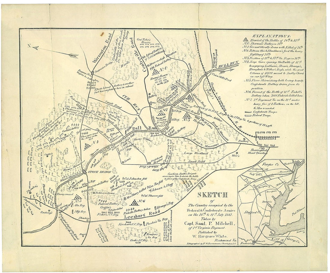 This old map of Sketch of the Country Occupied by the Federal &amp; Confederate Armies On the 18th &amp; 21st July from 1861 was created by F. W. Bornemann, Samuel P. Mitchell, W. Hargrave White in 1861