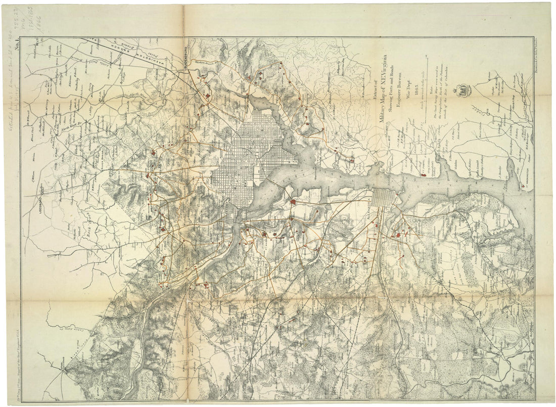 This old map of Extract of Military Map of N.E. Virginia Showing Forts and Roads (Military Map of N.E. Virginia) from 1865 was created by  Bowen &amp; Co.,  United States. Congress,  United States. War Dept. Engineer Bureau in 1865