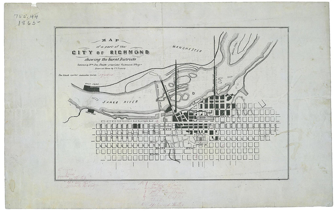 This old map of Map of a Part of the City of Richmond Showing the Burnt Districts from 1865 was created by C. L. Ludwig, William Ira Smith in 1865