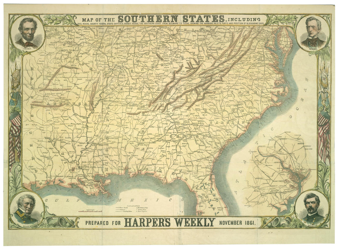 This old map of Map of the Southern States, Including Rail Roads, County Towns, State Capitals, County Roads, the Southern Coast from Delaware to Texas, Showing the Harbors, Inlets, Forts, and Position of Blockading Ships from 1861 was created by  in 186