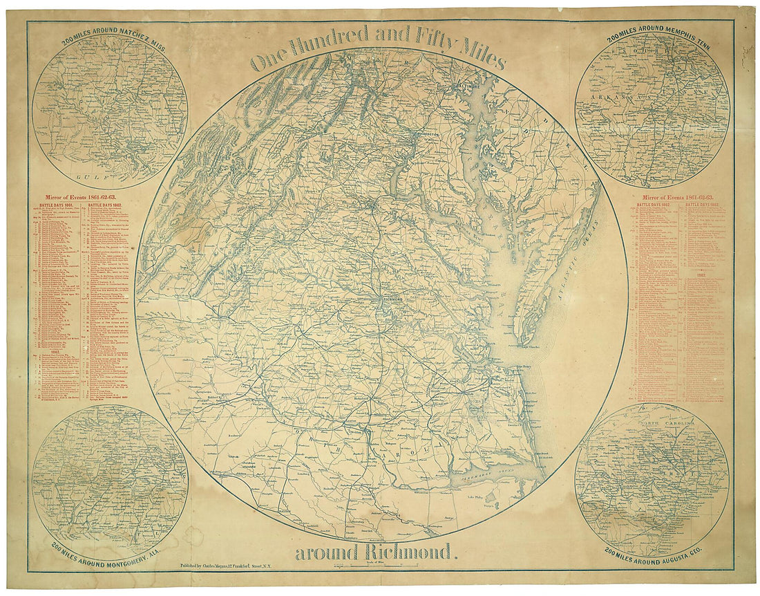 This old map of One Hundred and Fifty Miles Around Richmond from 1863 was created by Charles Magnus in 1863