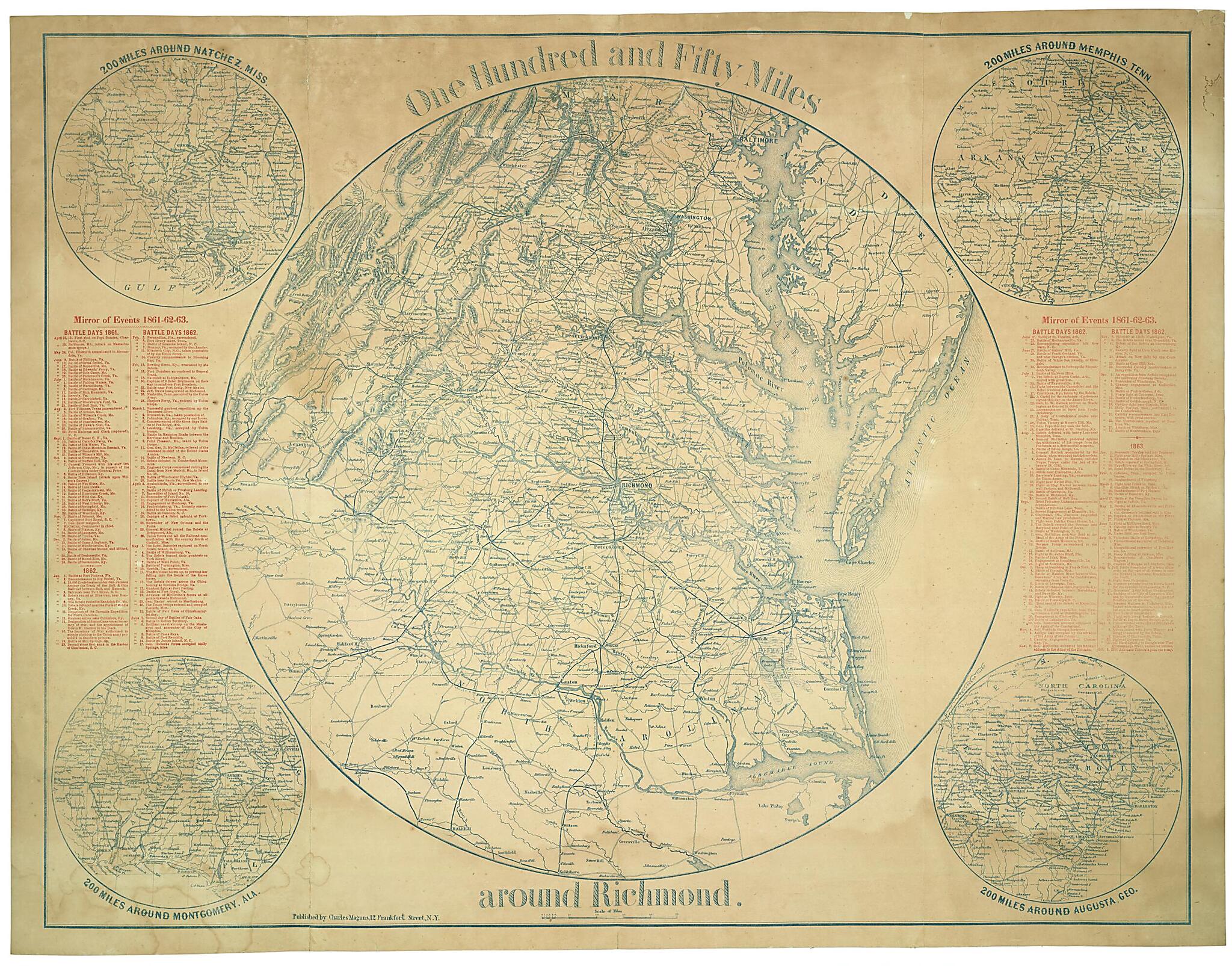 This old map of One Hundred and Fifty Miles Around Richmond from 1863 was created by Charles Magnus in 1863