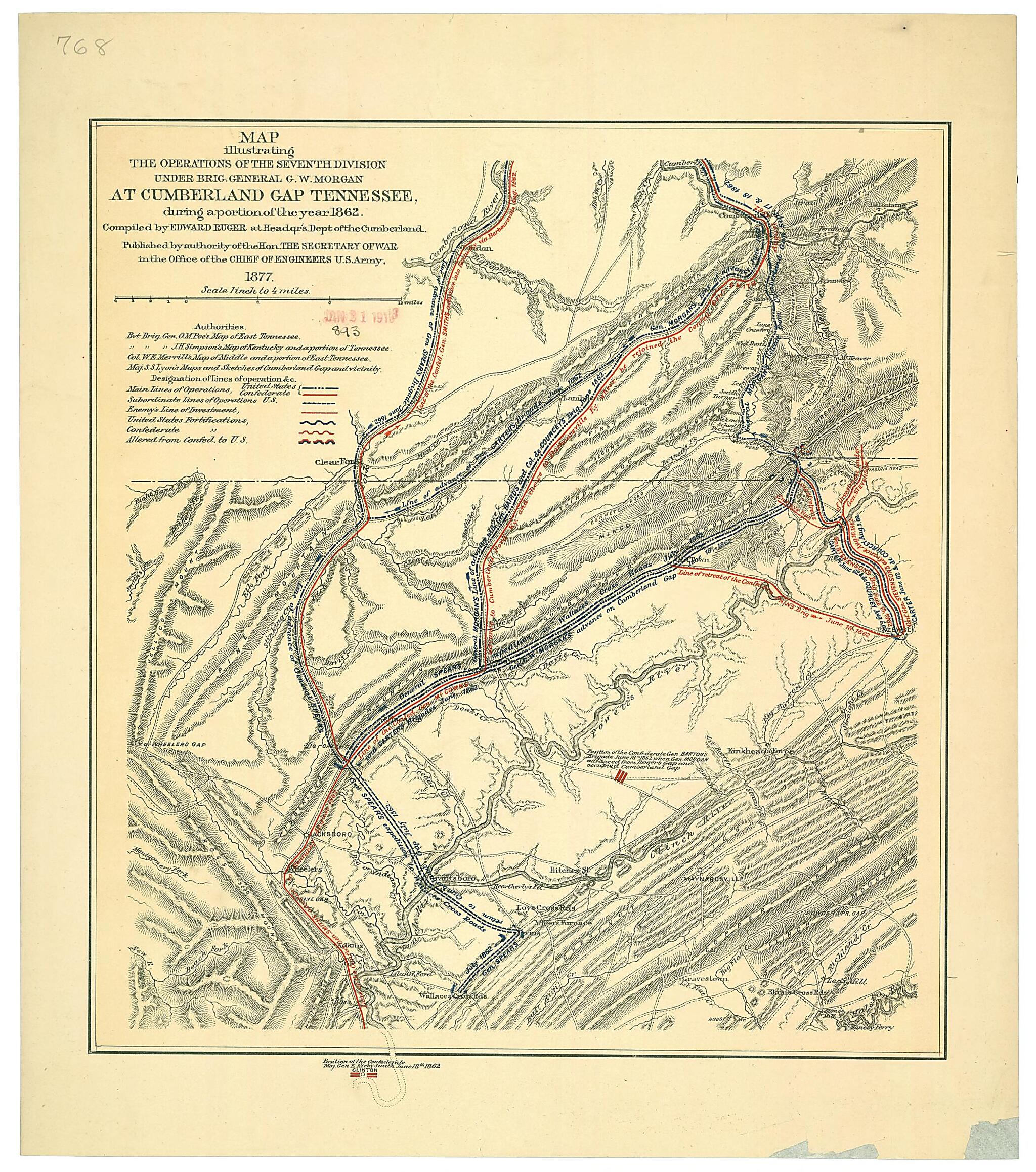 This old map of Map Illustrating the Operations of the Seventh Division Under Brig. General G.W. Morgan at Cumberland Gap, Tennessee During a Portion of the Year from 1862 was created by Edward Ruger,  United States. Army. Corps of Engineers in 1862