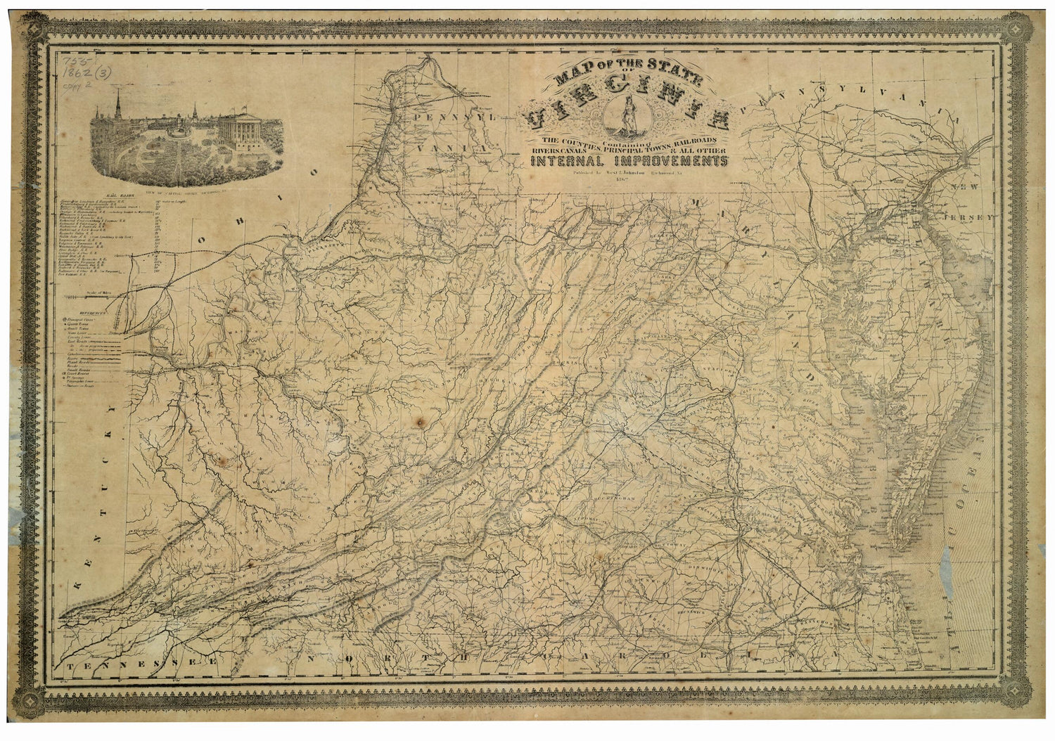 This old map of Map of the State of Virginia : Containing the Counties, Principal Towns, Railroads, Rivers, Canals &amp; All Other Internal Improvements. (New Map of Virginia) from 1864 was created by  West &amp; Johnston in 1864