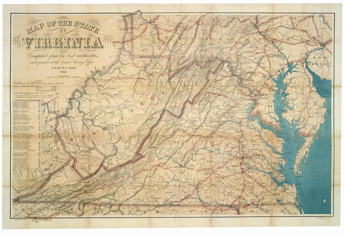 This old map of Map of the State of Virginia from 1862 was created by A. D. (Alexander Dallas) Bache, Charles G. Krebs, W. L. Nicholson,  United States Coast Survey in 1862