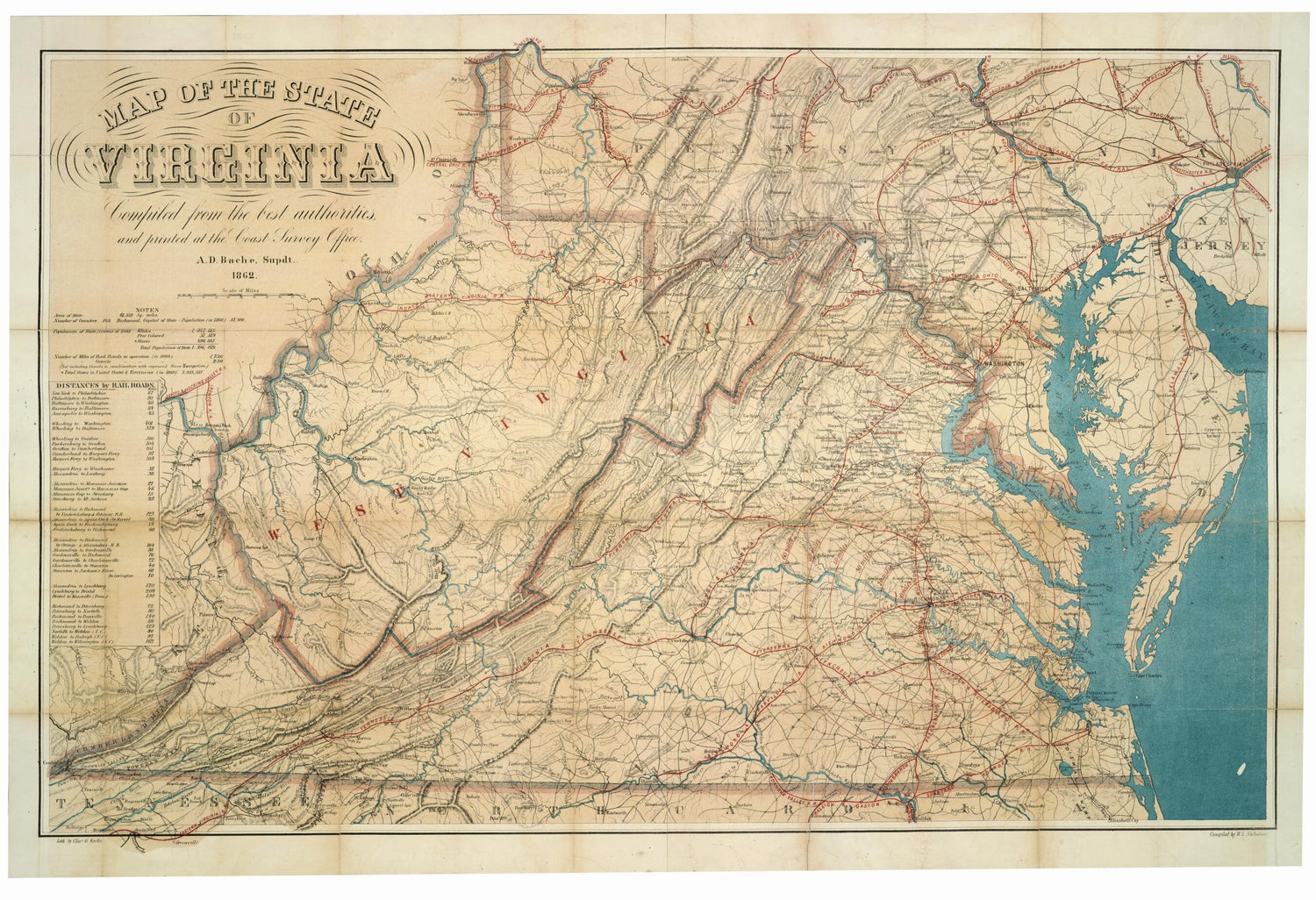 This old map of Map of the State of Virginia from 1862 was created by A. D. (Alexander Dallas) Bache, Charles G. Krebs, W. L. Nicholson,  United States Coast Survey in 1862