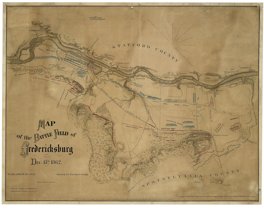 This old map of Map of the Battle Field of Fredericksburg, Dec. 13, 1862 (Map of the Battlefield of Fredericksburg, Dec. 13, 1862) from 1866 was created by  A. Hoen &amp; Co., B. L. (Benjamin Lewis) Blackford, Carter M. Braxton in 1866