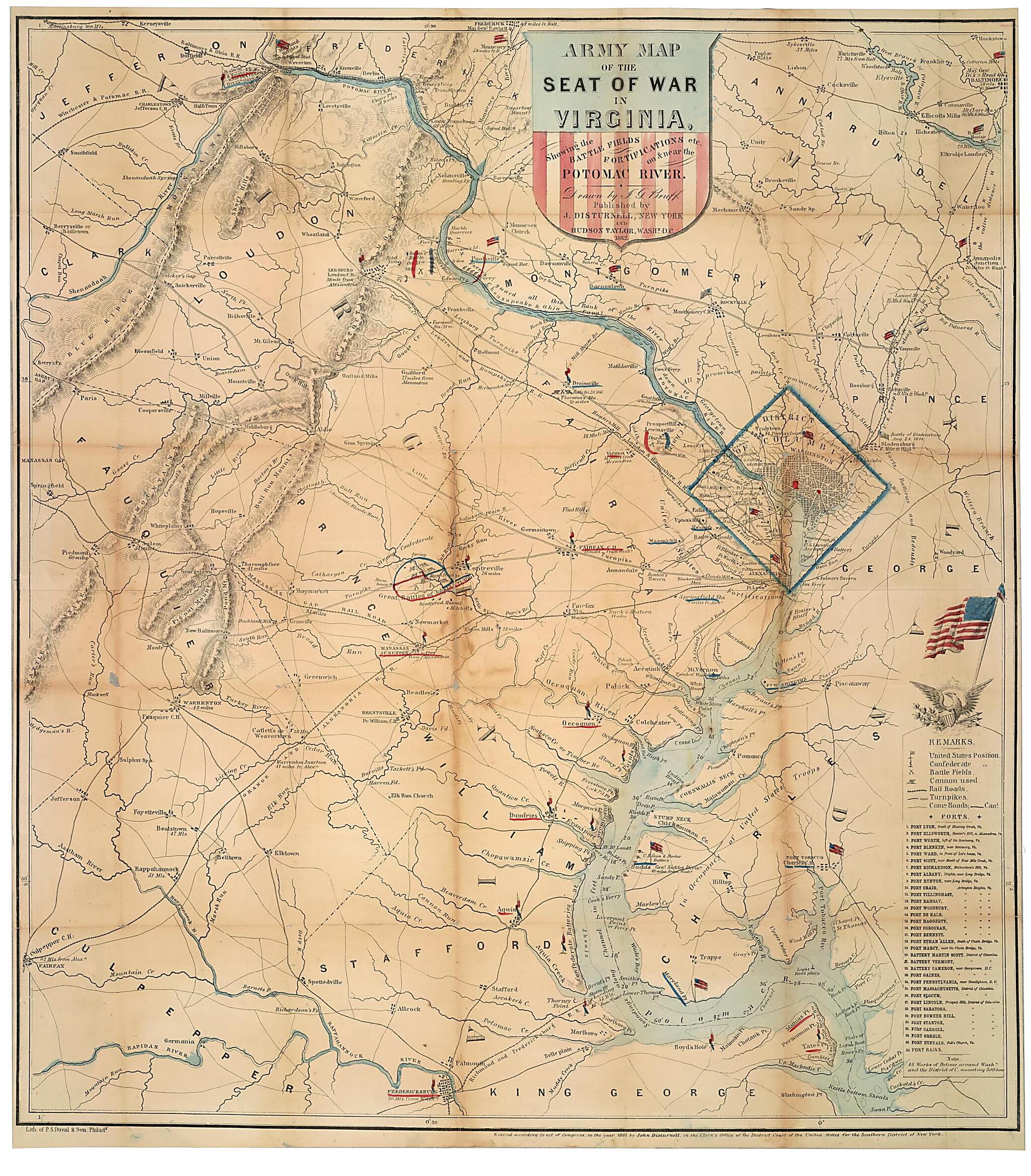 This old map of Army Map of the Seat of War In Virginia : Showing the Battle Fields, Fortifications Etc. On &amp; Near the Potomac River from 1862 was created by Joseph Goldsborough Bruff in 1862