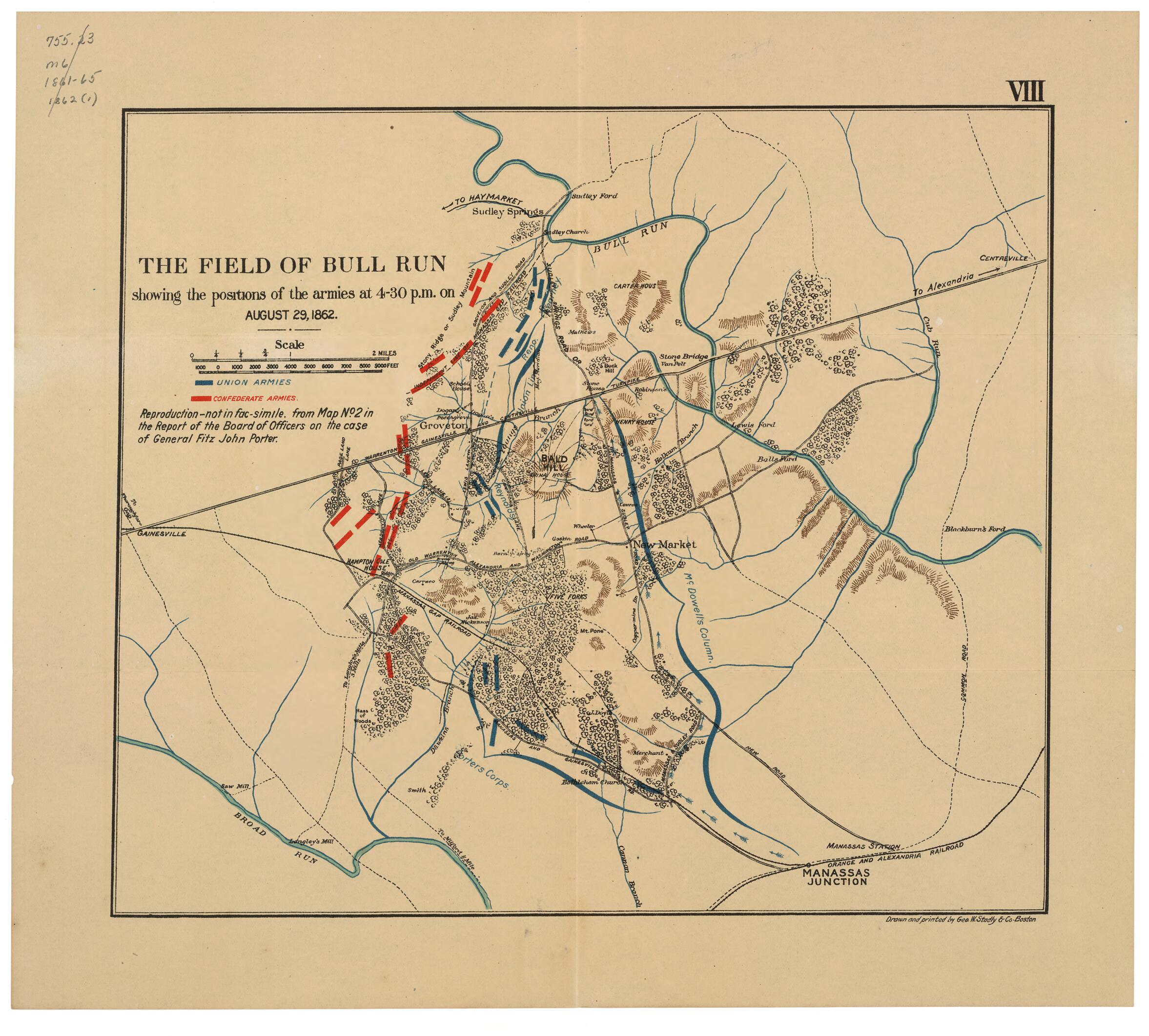 This old map of The Field of Bull Run : Showing the Positions of the Armies at 4:30 P.m. On August 29, 1862 from 1898 was created by  Geo. W. Stadly &amp; Co., John Codman Ropes in 1898