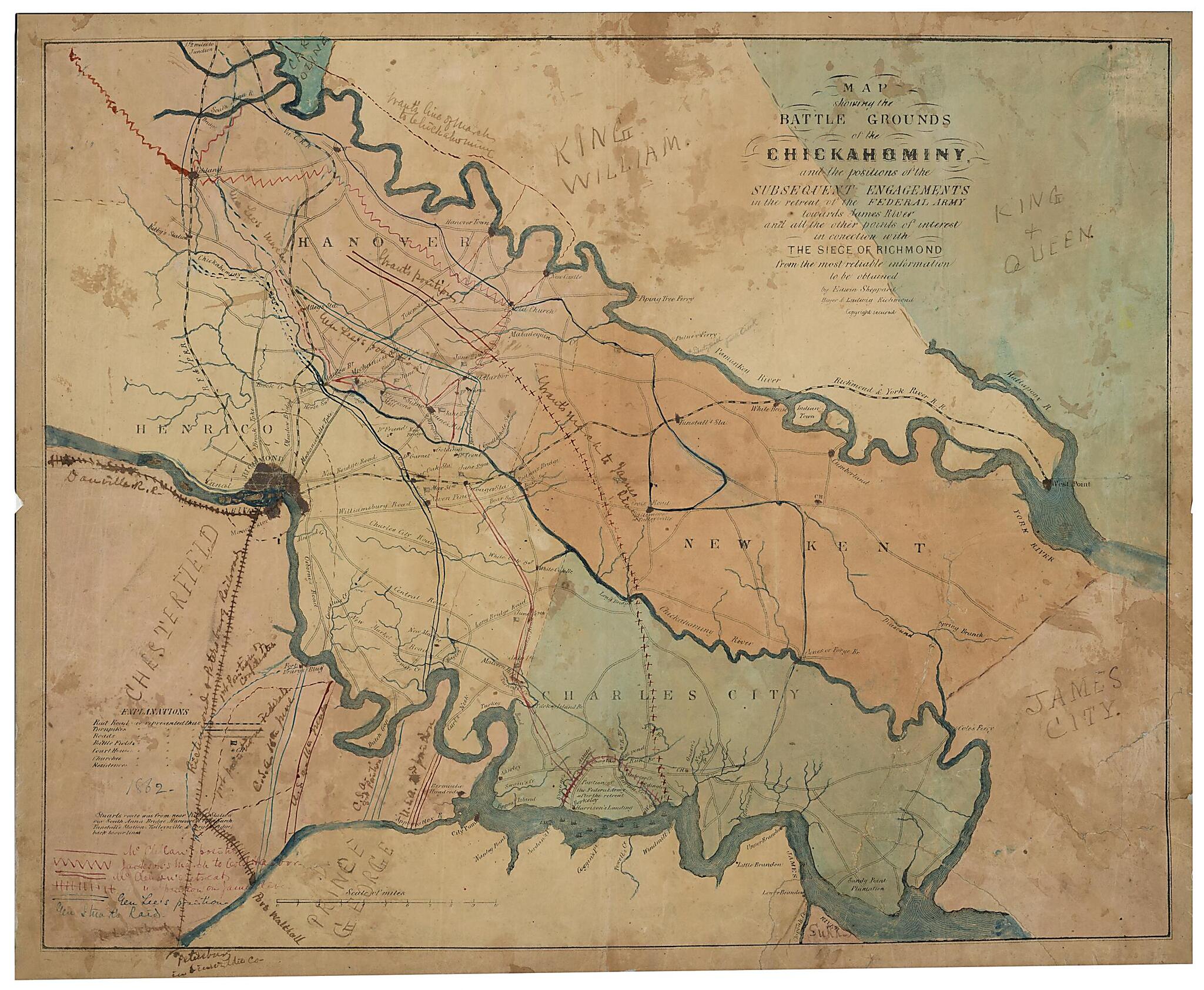 This old map of Map Showing the Battle Grounds of the Chickahominy : and the Positions of the Subsequent Engagements In the Retreat of the Federal Army Towards James River and All the Other Points of Interest In Connection With the Siege of Richmond from