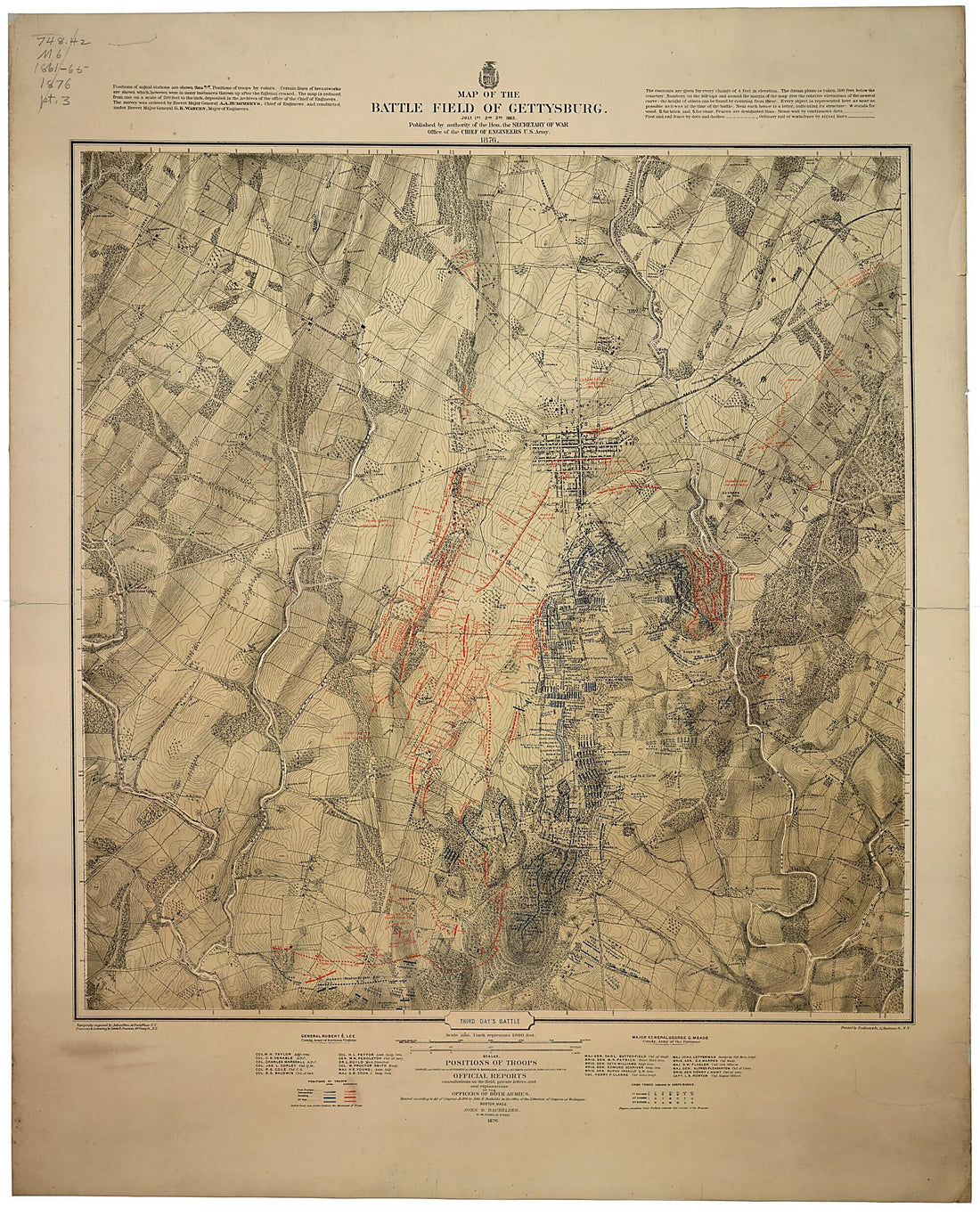 This old map of Map of the Battle Field of Gettysburg. July 1st, 2nd, 3rd, 1863 from 1876 was created by John B. (John Badger) Bachelder, Julius Bien, Louis E. Neuman,  United States. Army. Corps of Engineers in 1876
