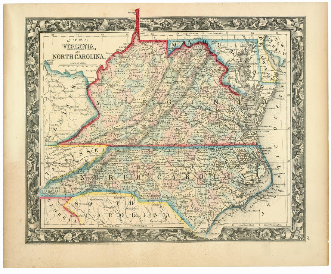 This old map of County Map of Virginia, and North Carolina from 1860 was created by S. Augustus (Samuel Augustus) Mitchell in 1860