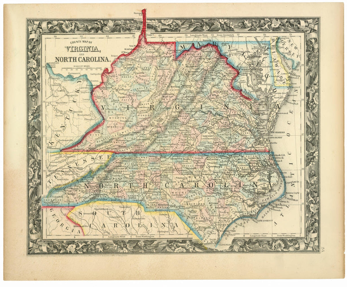 County Map of Virginia, and North Carolina 1860 by Relic Map Company