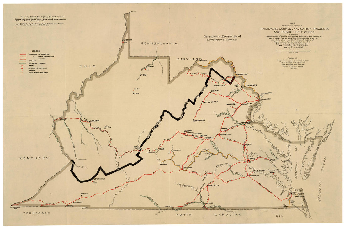 This old map of Map Showing the Location of Railroads, Canals, Navigation Projects and Public Institutions In Which the Commonwealth of Virginia Had Invested Money As of Date January 1st. 1861 : As Traced from an Official Map In the Possession of the Vir