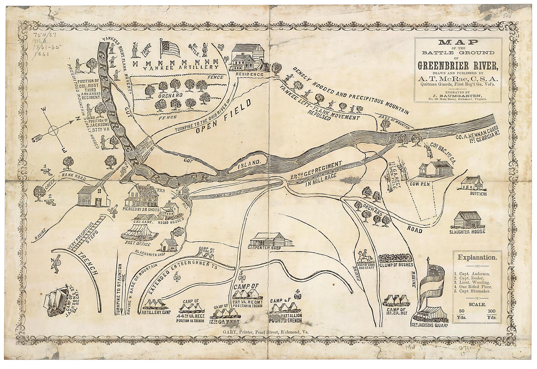 This old map of Map of the Battle Ground of Greenbrier River from 1861 was created by J. Baumgarten,  Gary (Printer), A. T. McRae in 1861