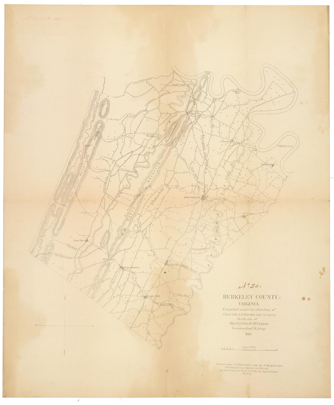 This old map of Berkeley County, Virginia from 1861 was created by E. (Edwin) Hergesheimer, D. Hinkle, J. Baker Kearfott, J. N. (John N.) Macomb, G. Mathiot in 1861